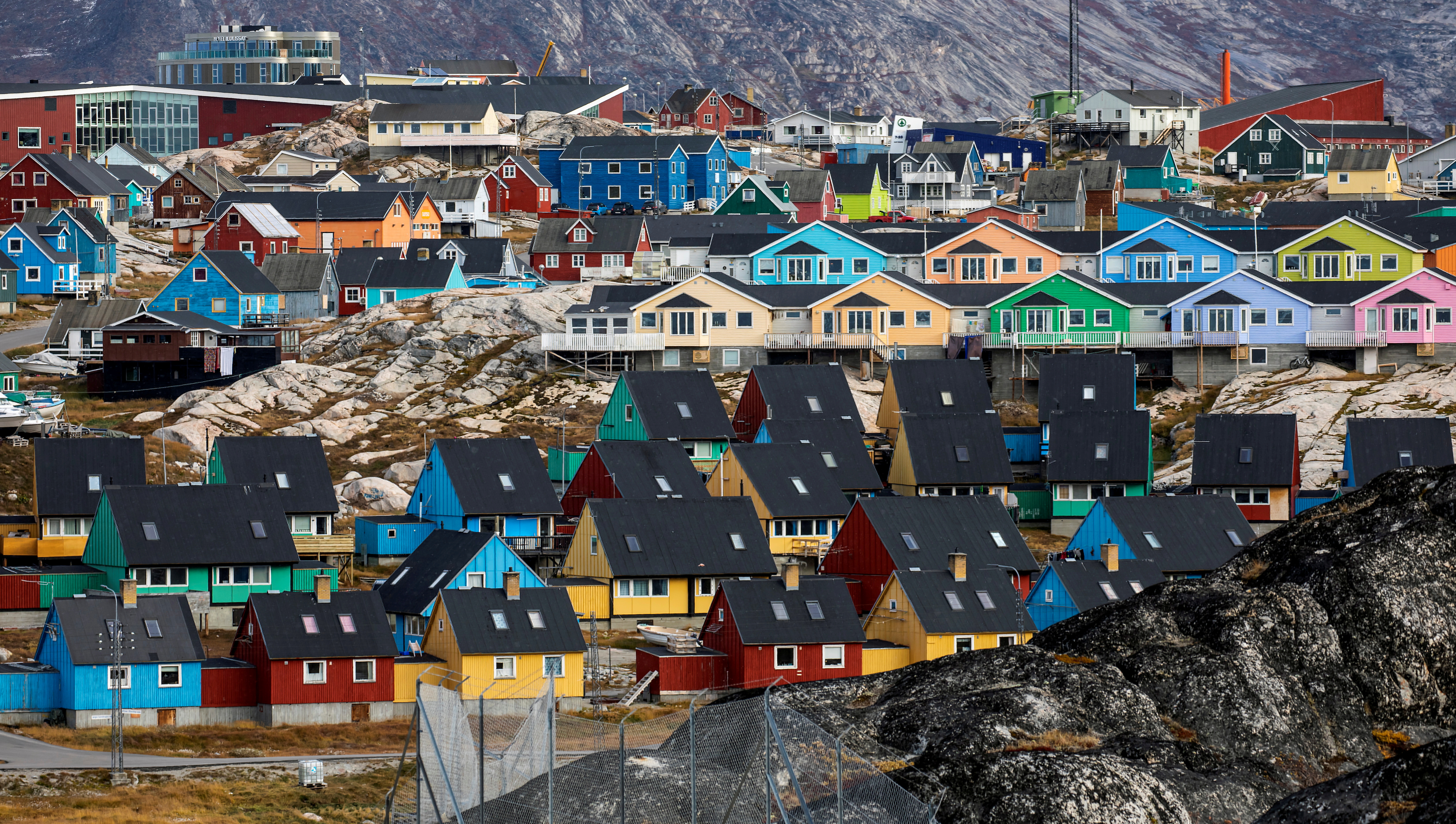 Houses are pictured in Ilulissat, Greenland.