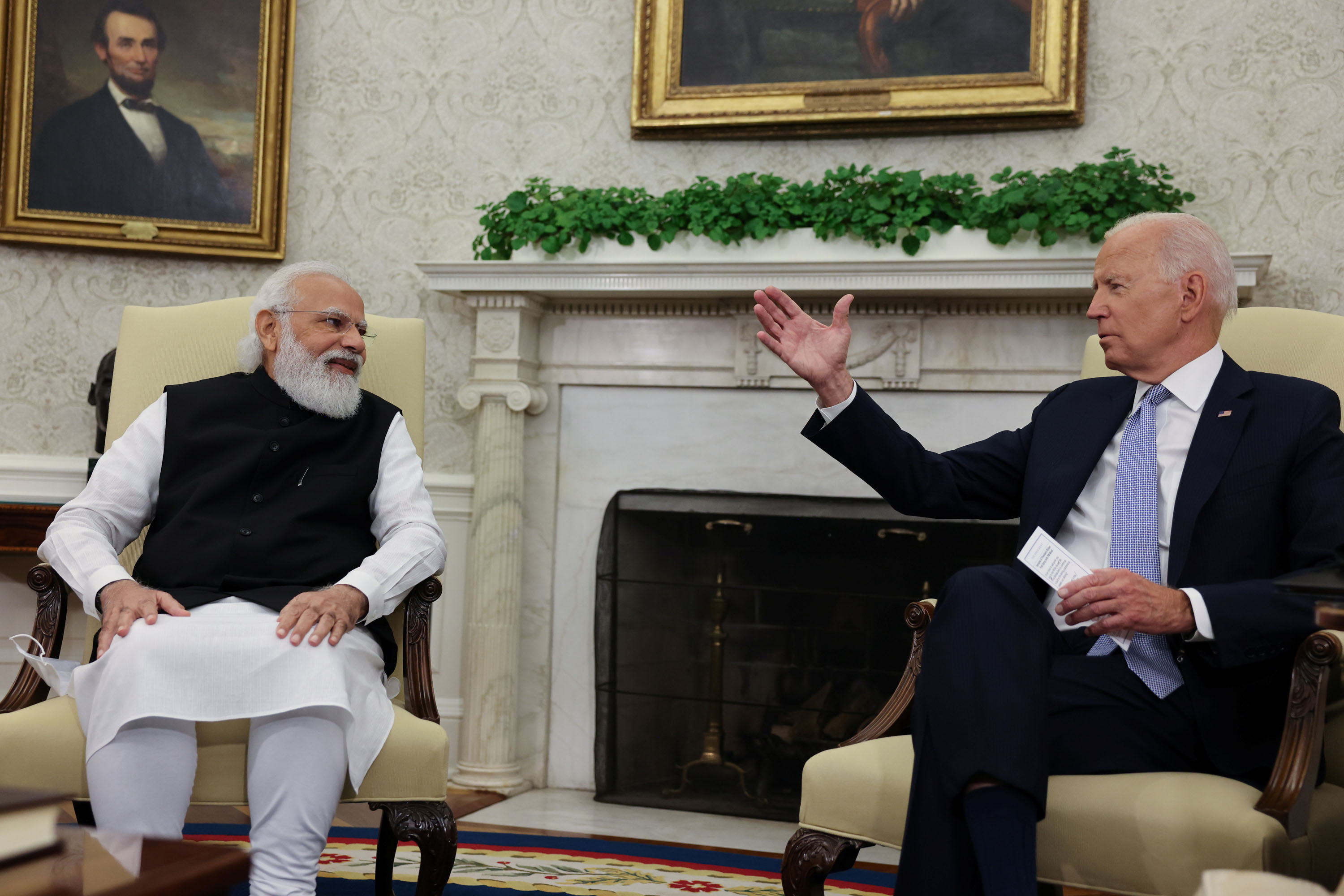 US President Joe Biden meets with India's Prime Minister Narendra Modi in the Oval Office at the White House in Washington on September 24, 2021 [File: Reuters/Evelyn Hockstein]