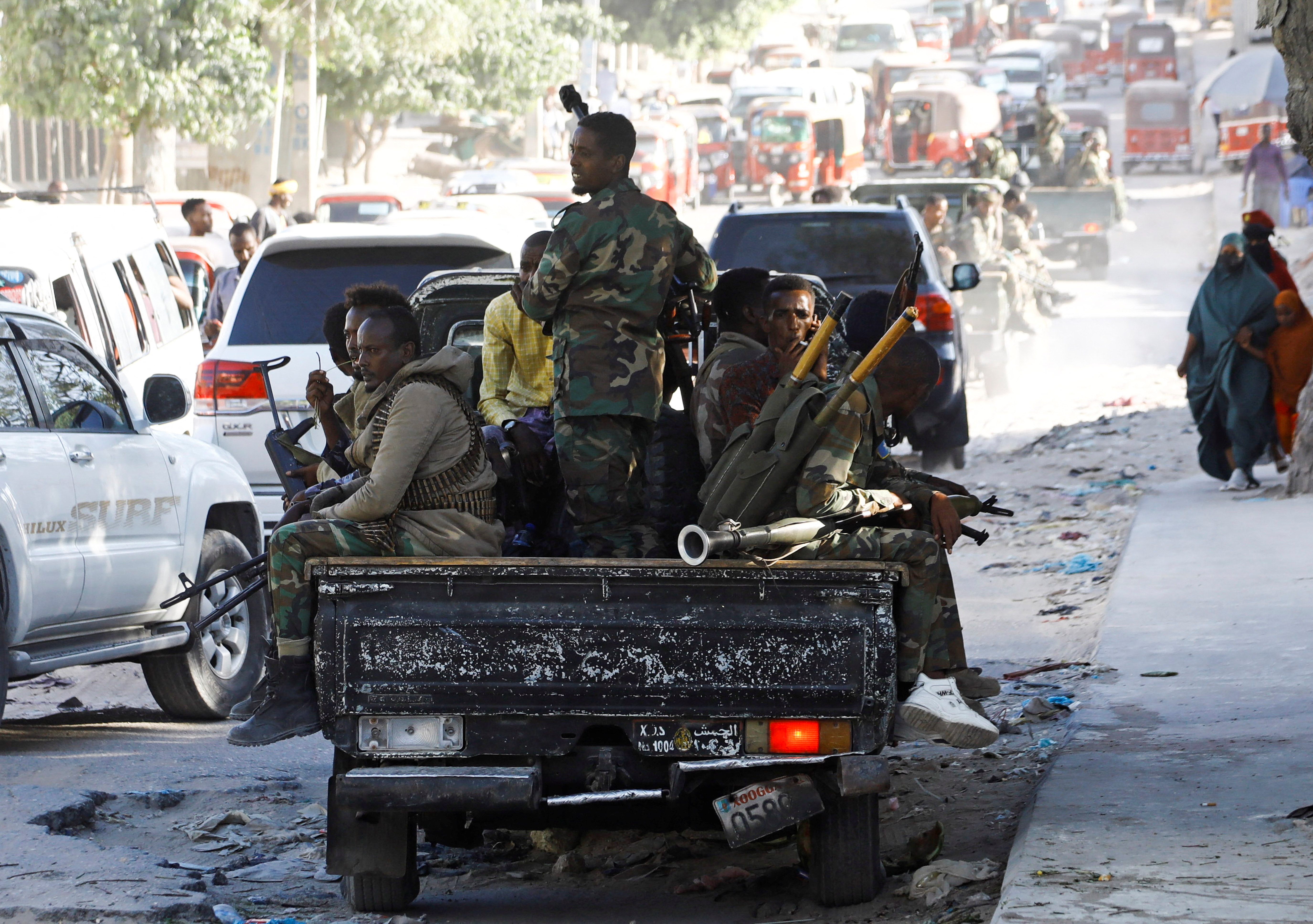 Somali military ride on pick-up trucks in Mogadishu, Somalia