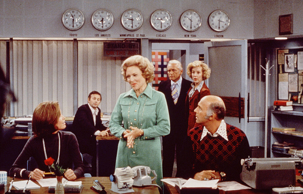 Mary Tyler Moore, Betty White, Gavin McLeod and other cast members in a scene from the Mary Tyler Moore show