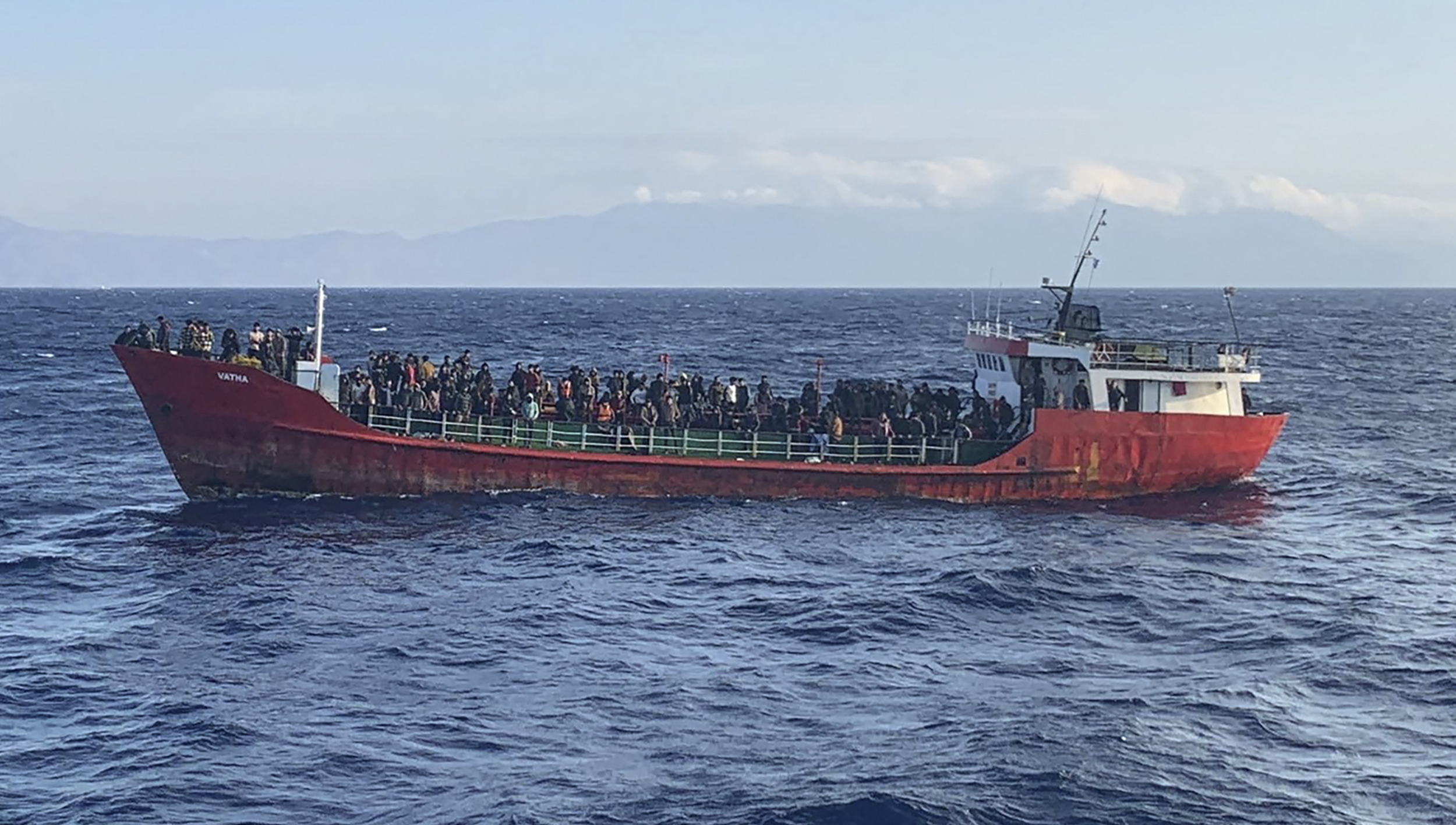 A ship carrying migrants during a rescue operation, off the island of Crete