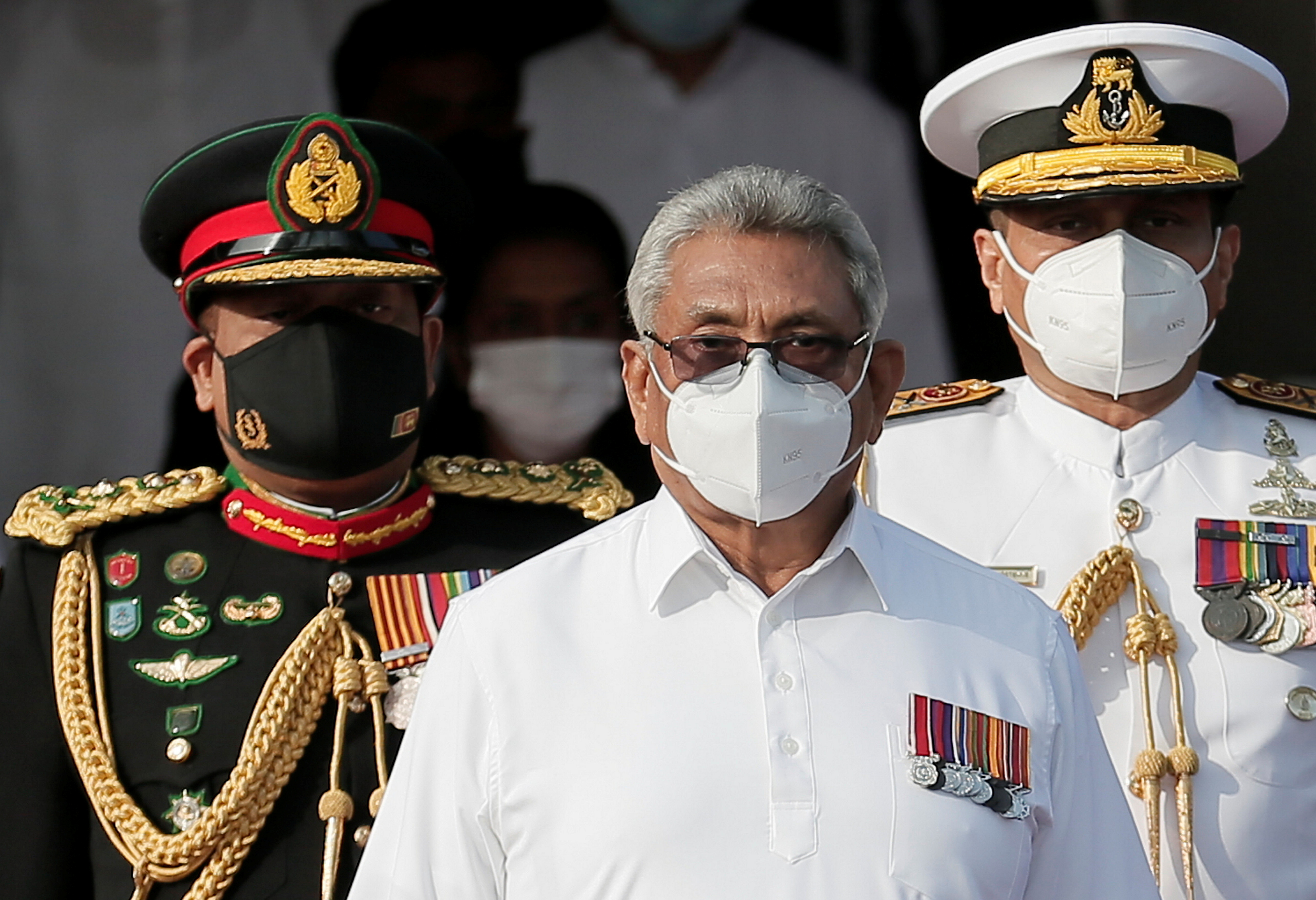 Sri Lanka's President Gotabaya Rajapaksa sings the national anthem during the country's 73rd Independence day celebrations in Colombo