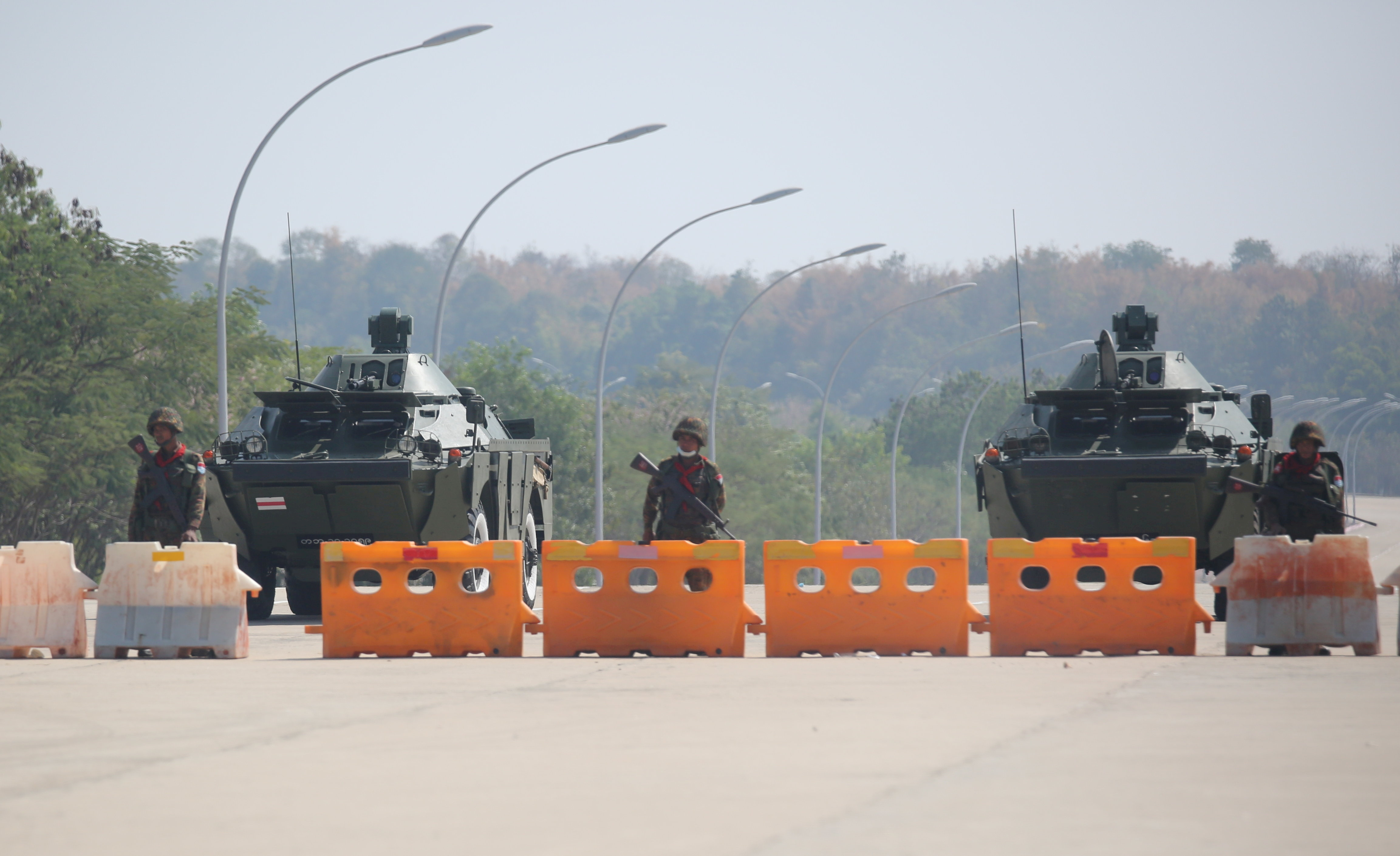 Myanmar's military checkpoint is seen on the way to the congress compound in Naypyitaw, Myanmar, February 1, 2021. Picture taken February 1, 2021.