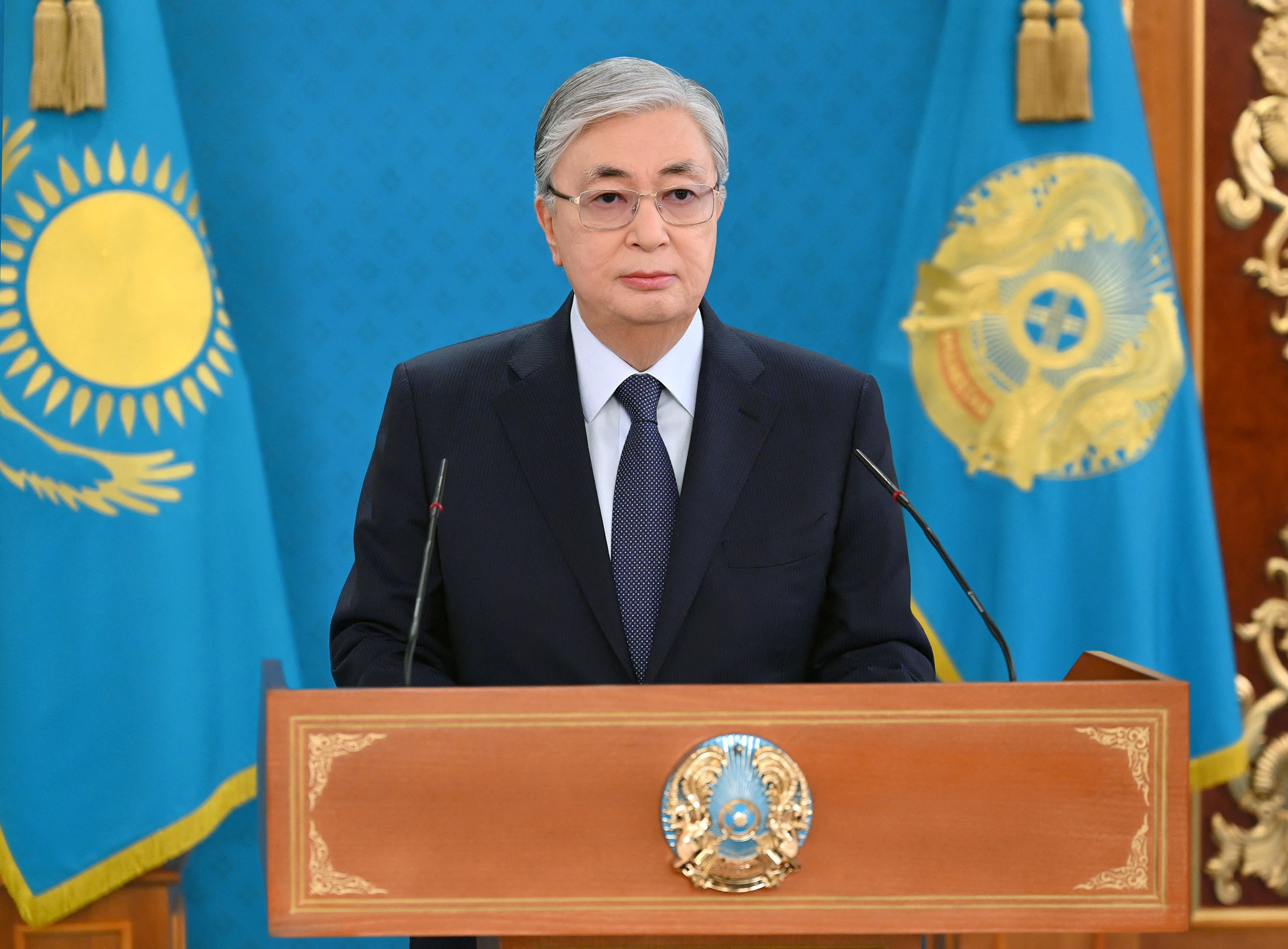 Kazakh President Kassym-Jomart Tokayev speaks during a televised address.