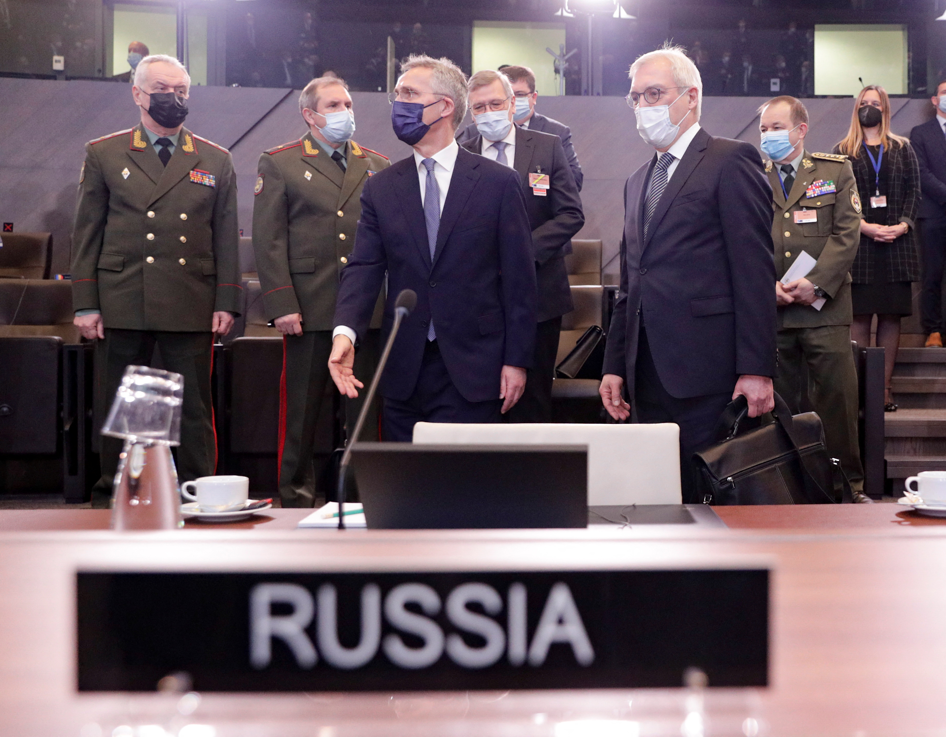 Russian Deputy Foreign Minister Alexander Grushko and NATO Secretary-General Jens Stoltenberg are seen at the military alliance's headquarters in Brussels