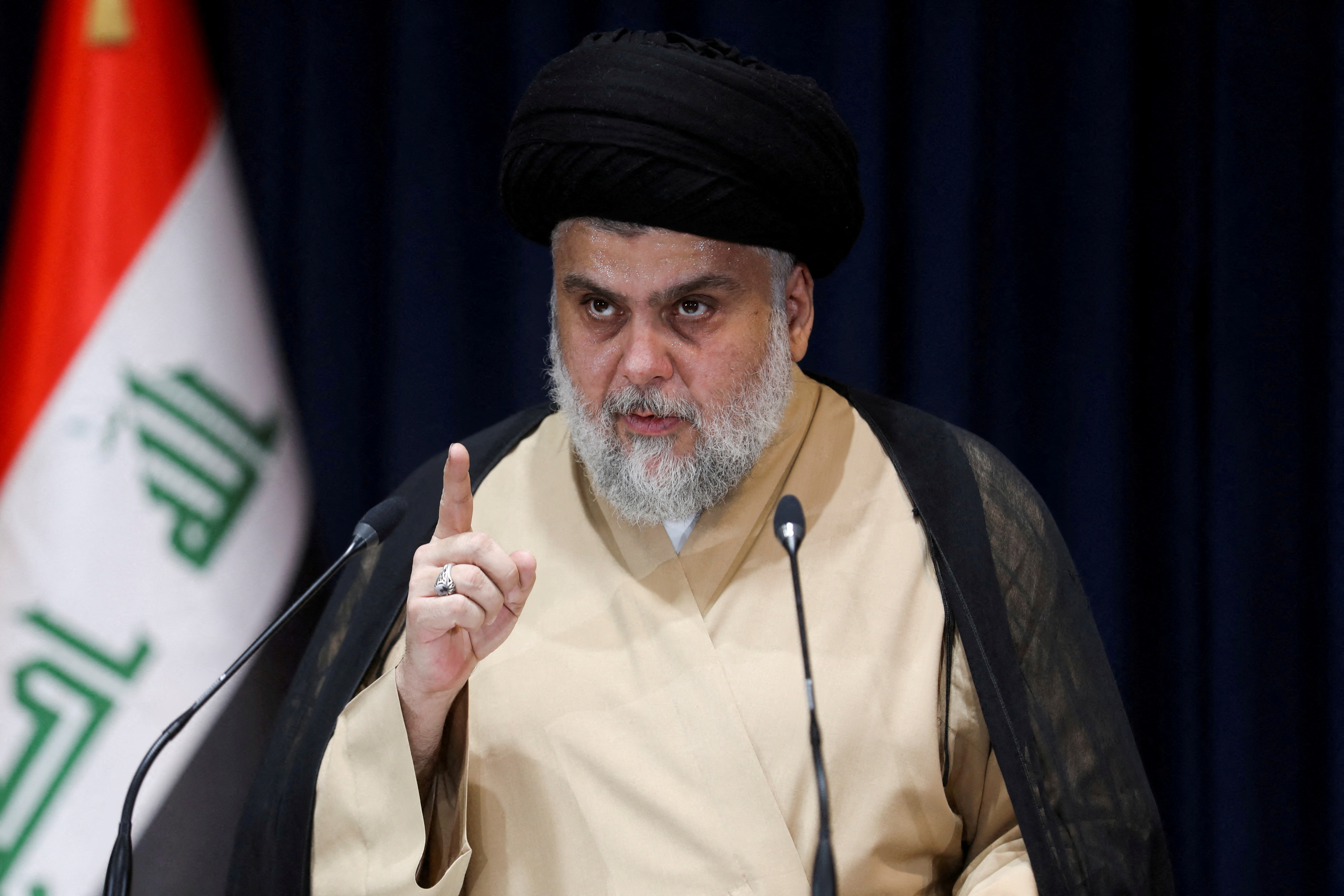 Iraqi cleric Muqtada al-Sadr speaks after preliminary results of Iraq's parliamentary election