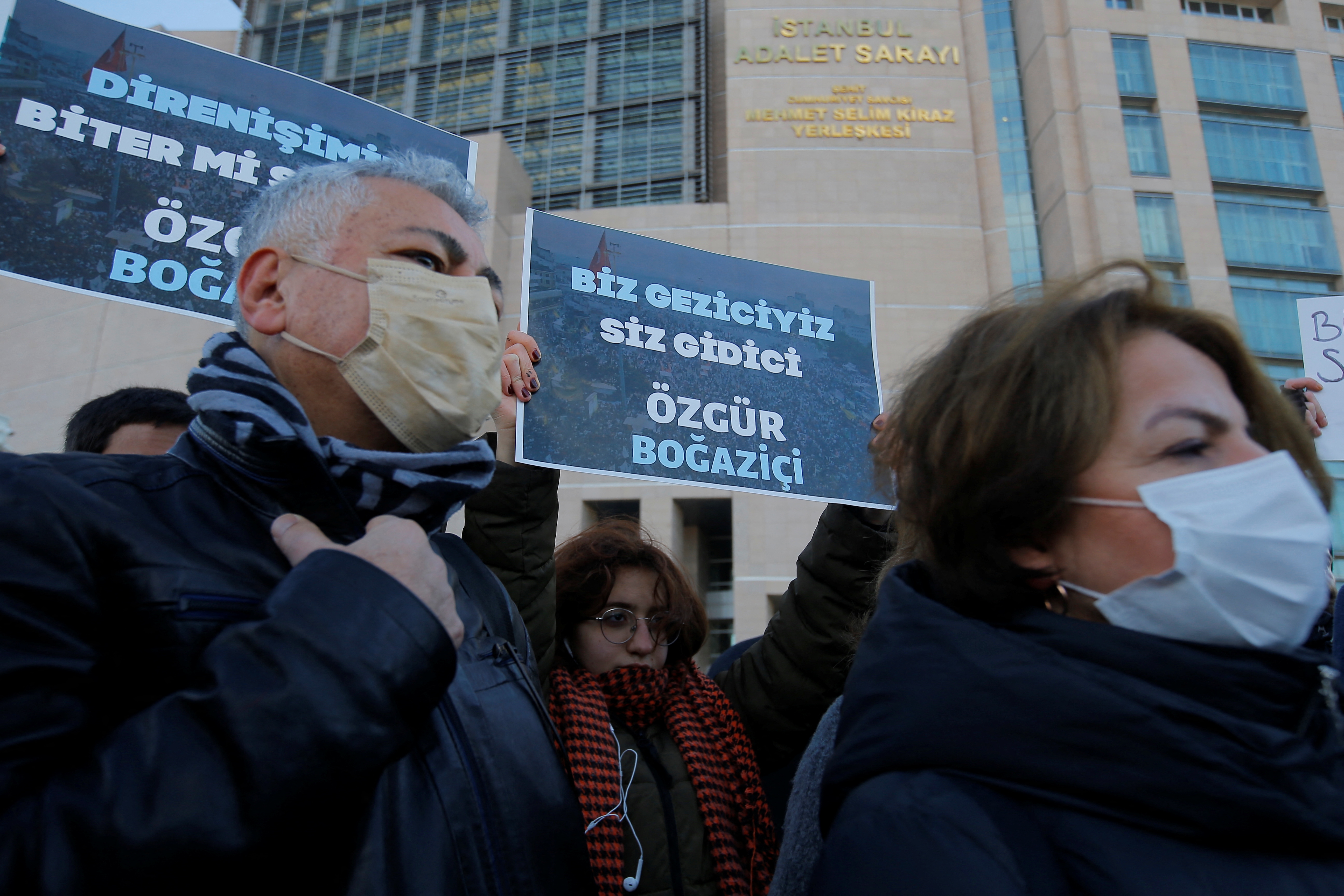 Lawyers, opposition lawmakers and supporters gather in front of the Justice Palace, the Caglayan Courthouse, as a Turkish court holds a hearing of philanthropist Osman Kavala and 15 others over their role in nationwide protests in 2013, in Istanbul, Turkey, January 17, 2022.