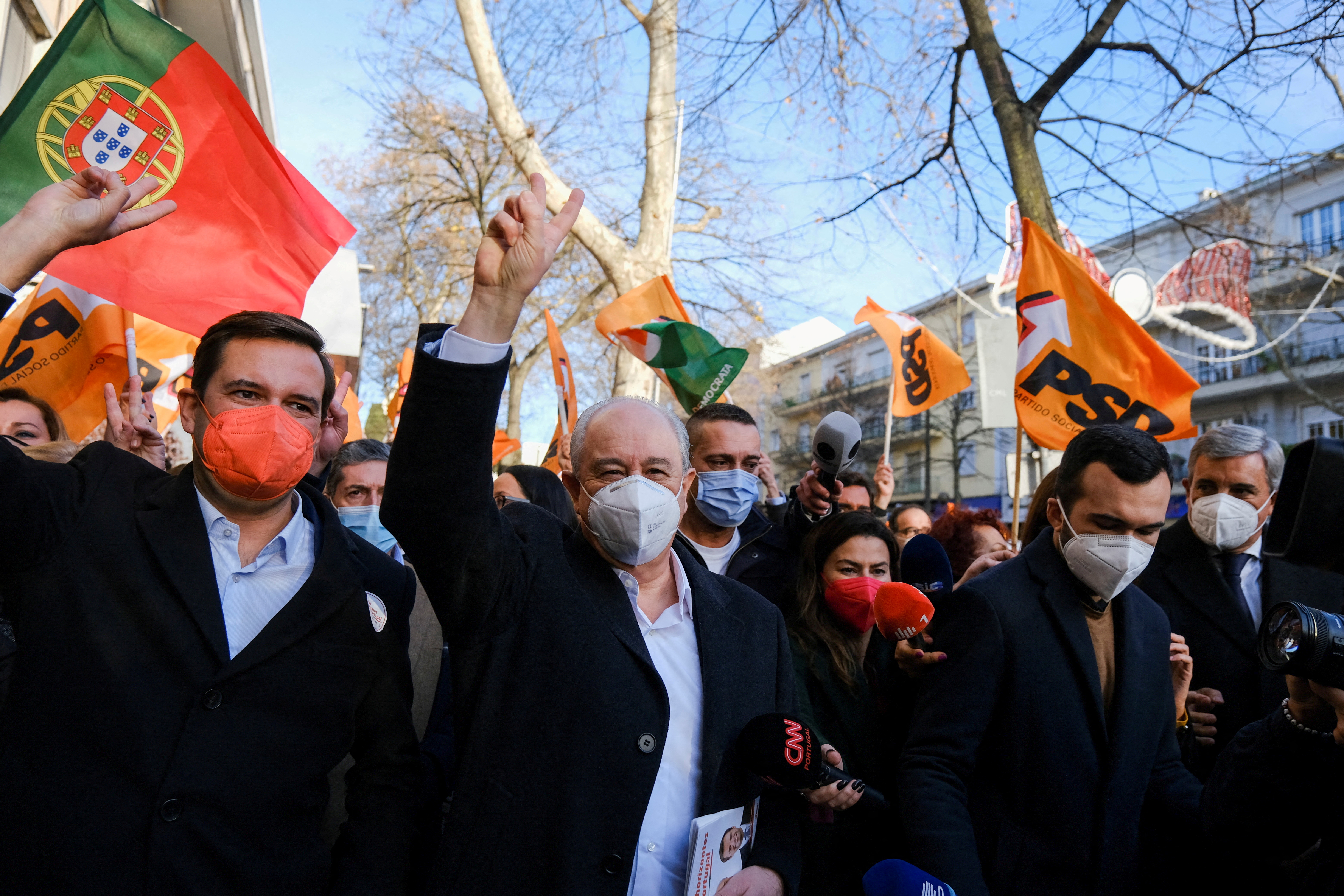 Portugal's Social Democratic Party (PSD) leader Rui Rio gestures during a campaign rally