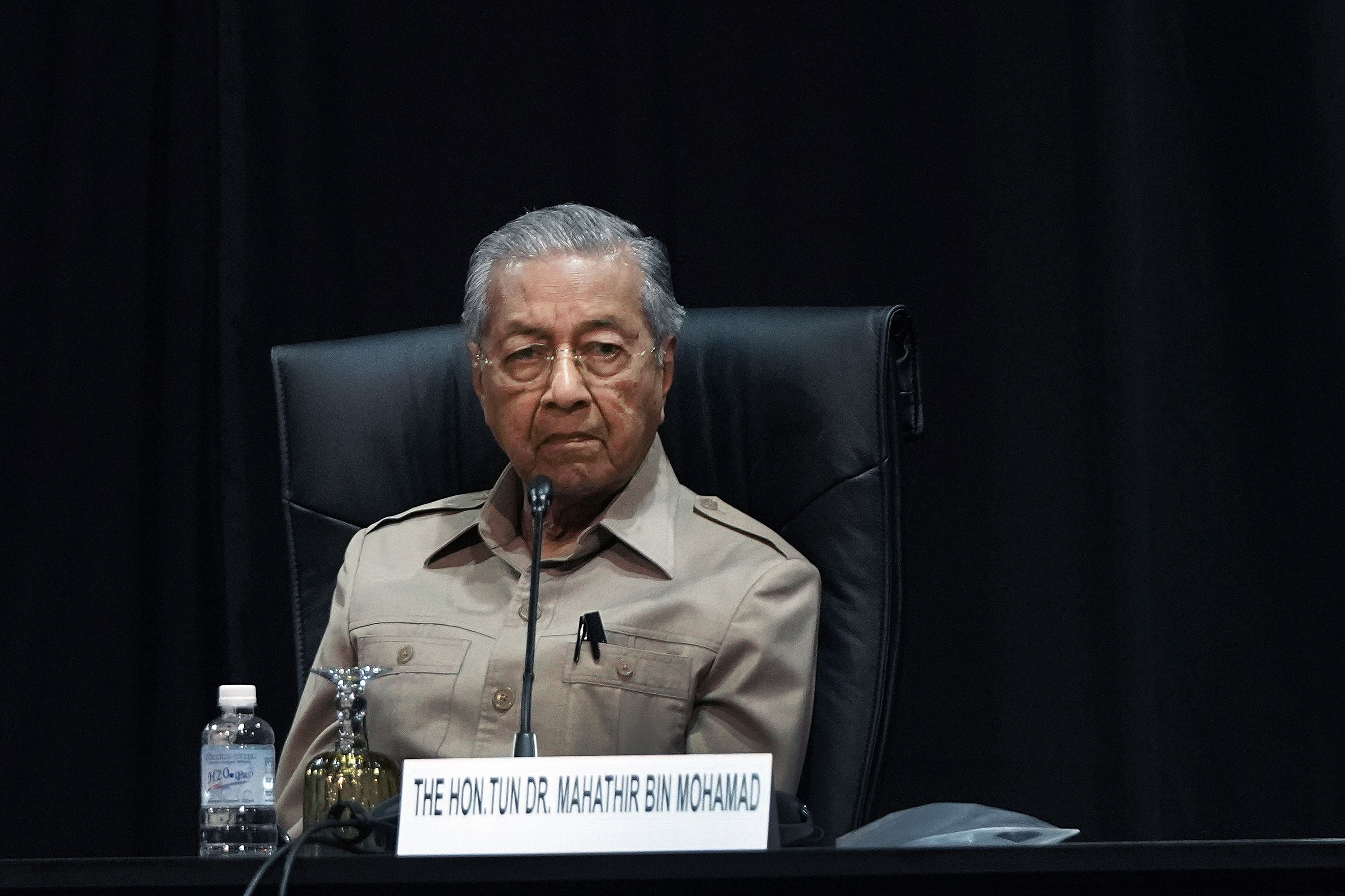 Malaysia's interim leader Mahathir Mohamad attends a committee on the exercise of the inalienable rights of the Palestinian people, in Kuala Lumpur, Malaysia, Friday, Feb. 28, 2020. The speaker of Malaysia's House rejected Mahathir Mohamad's call for a vote next week to choose a new premier, deepening the country's political turmoil after the ruling alliance collapsed this week. (AP Photo/Vincent Thian)
