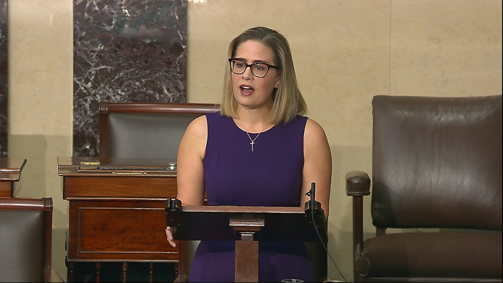 Senator Kyrsten Sinema, a Democrat from Arizona, speaks on the floor of the US Senate.