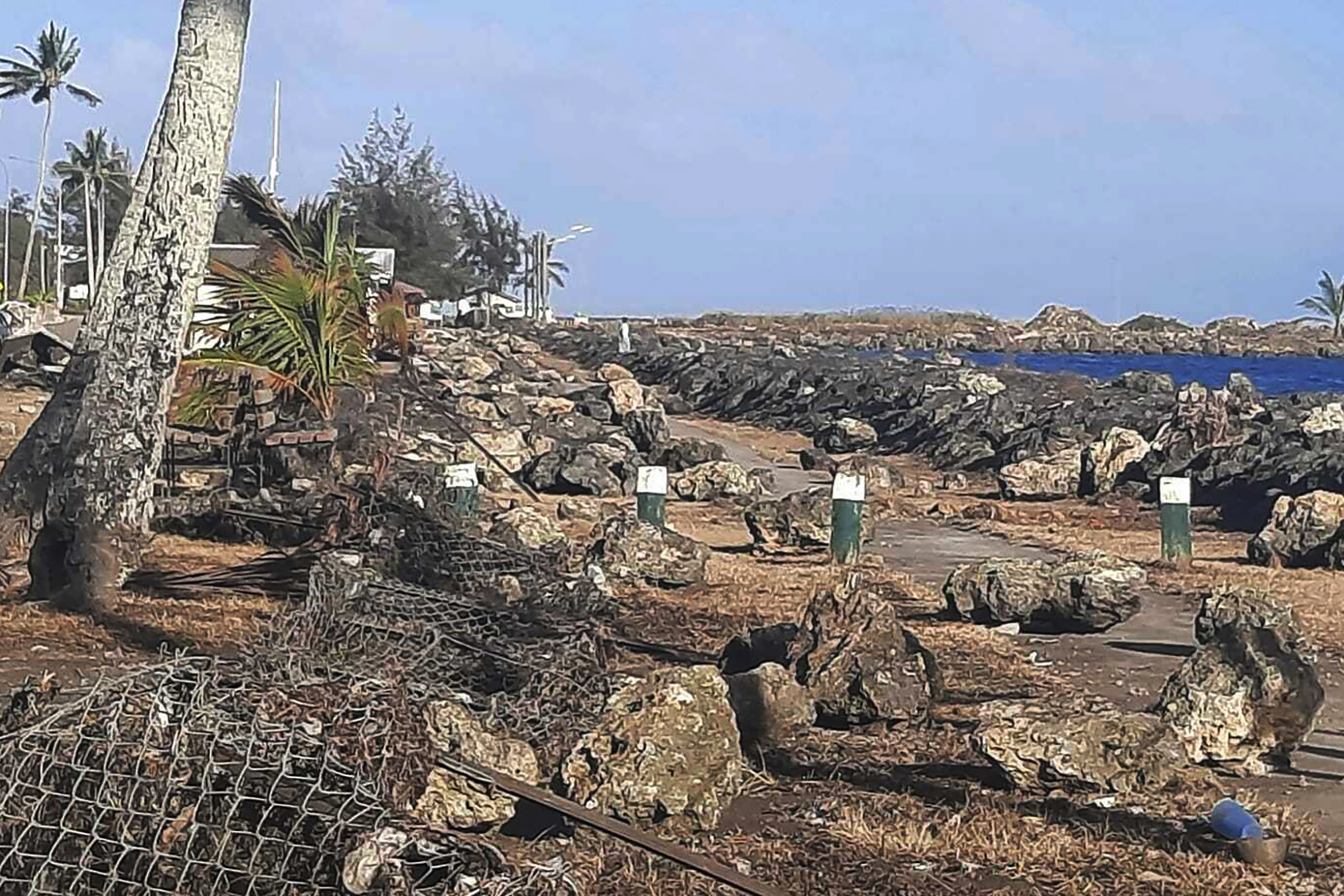 Damaged area in Nuku'alofa, Tonga, following Saturday's volcanic eruption near the Pacific archipelago.