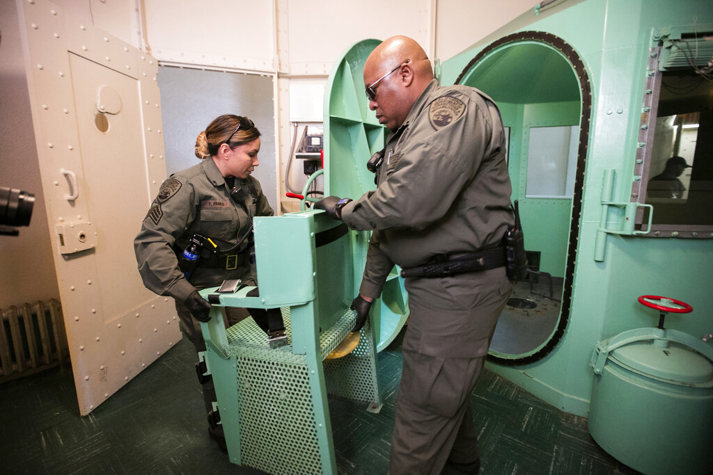 California Department of Corrections and Rehabilitation a chair is removed from the death penalty chamber at San Quentin State Prison.