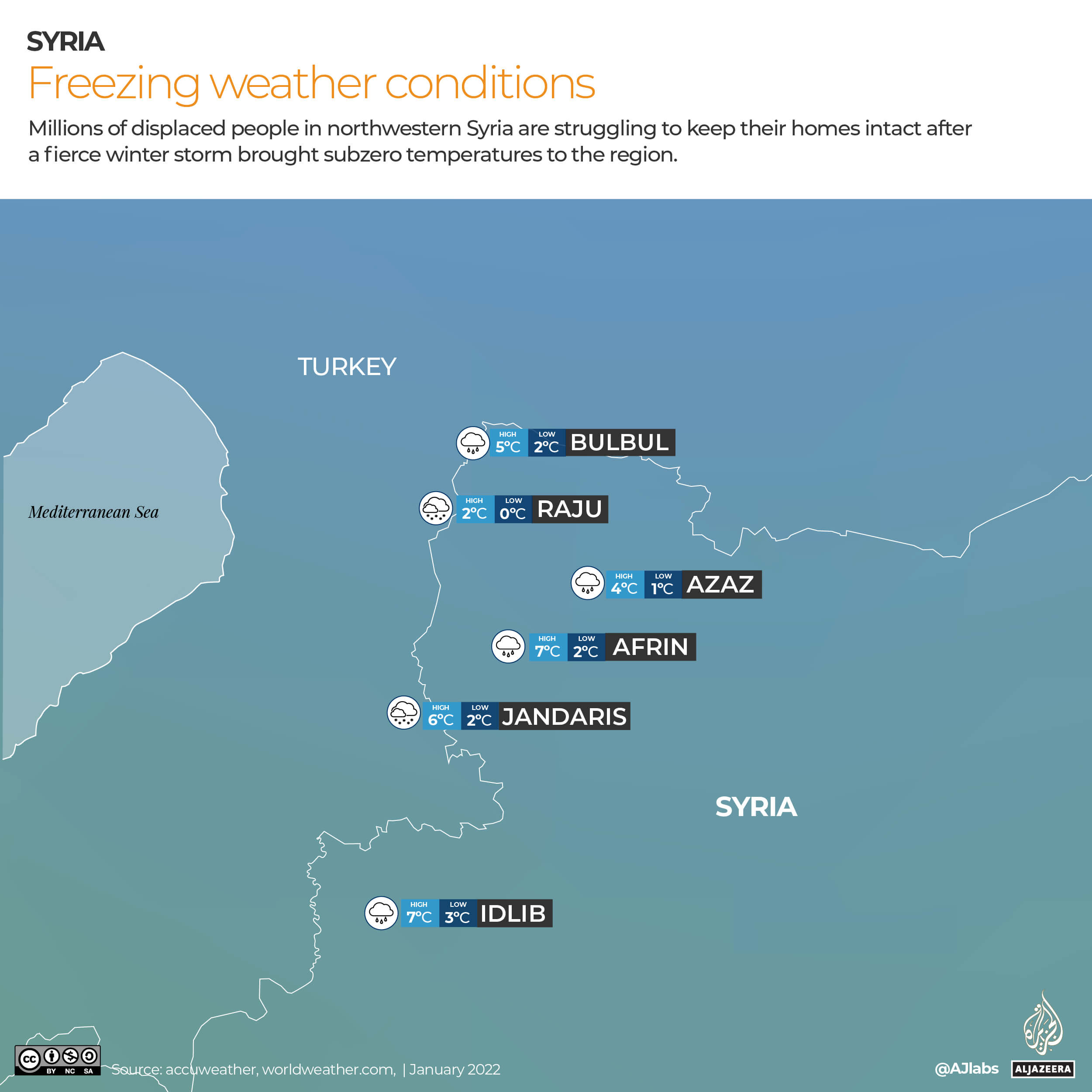 A map of northwest Syria's frigid temperatures
