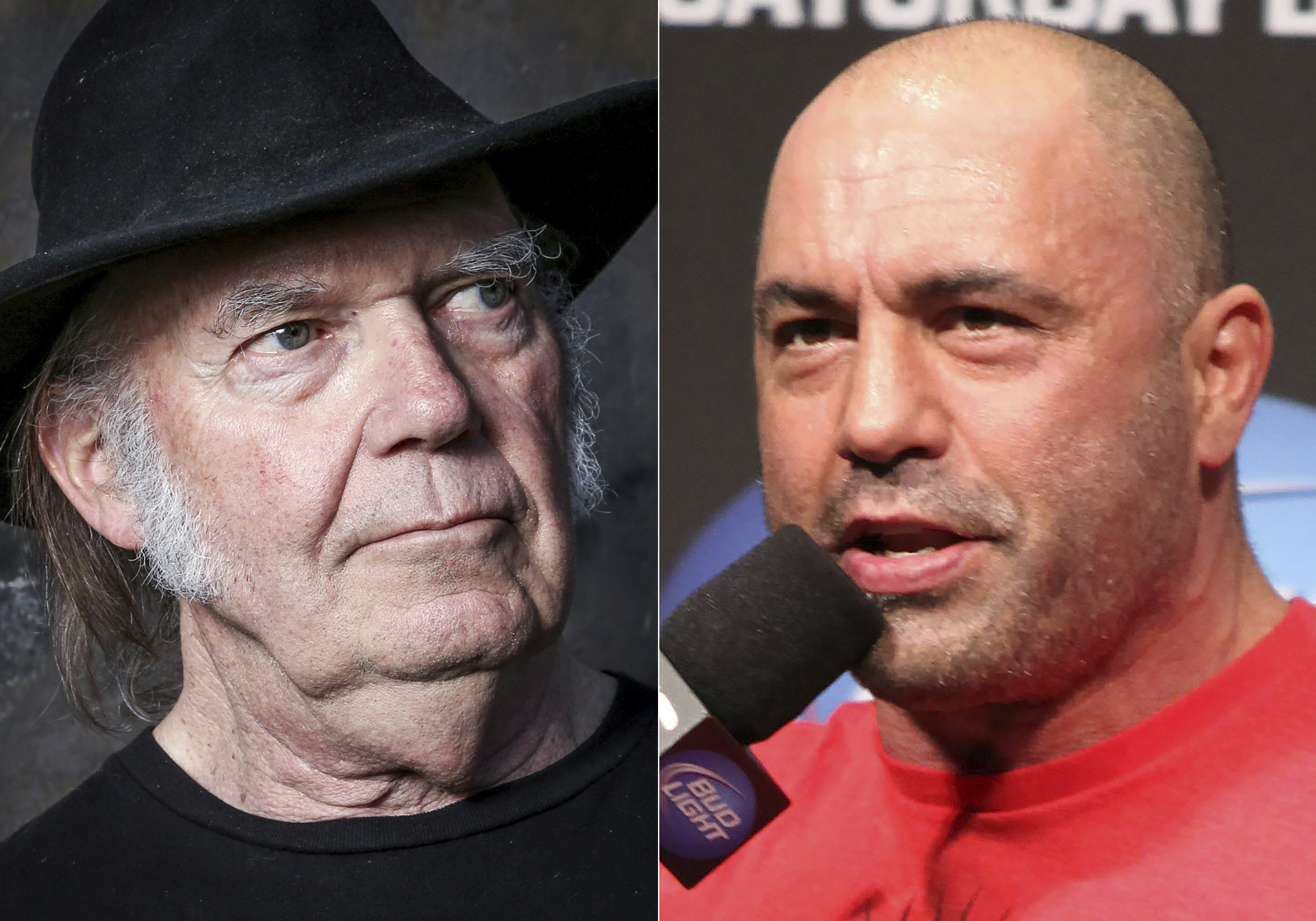 This combination photo shows Neil Young and UFC announcer and podcaster Joe Rogan
