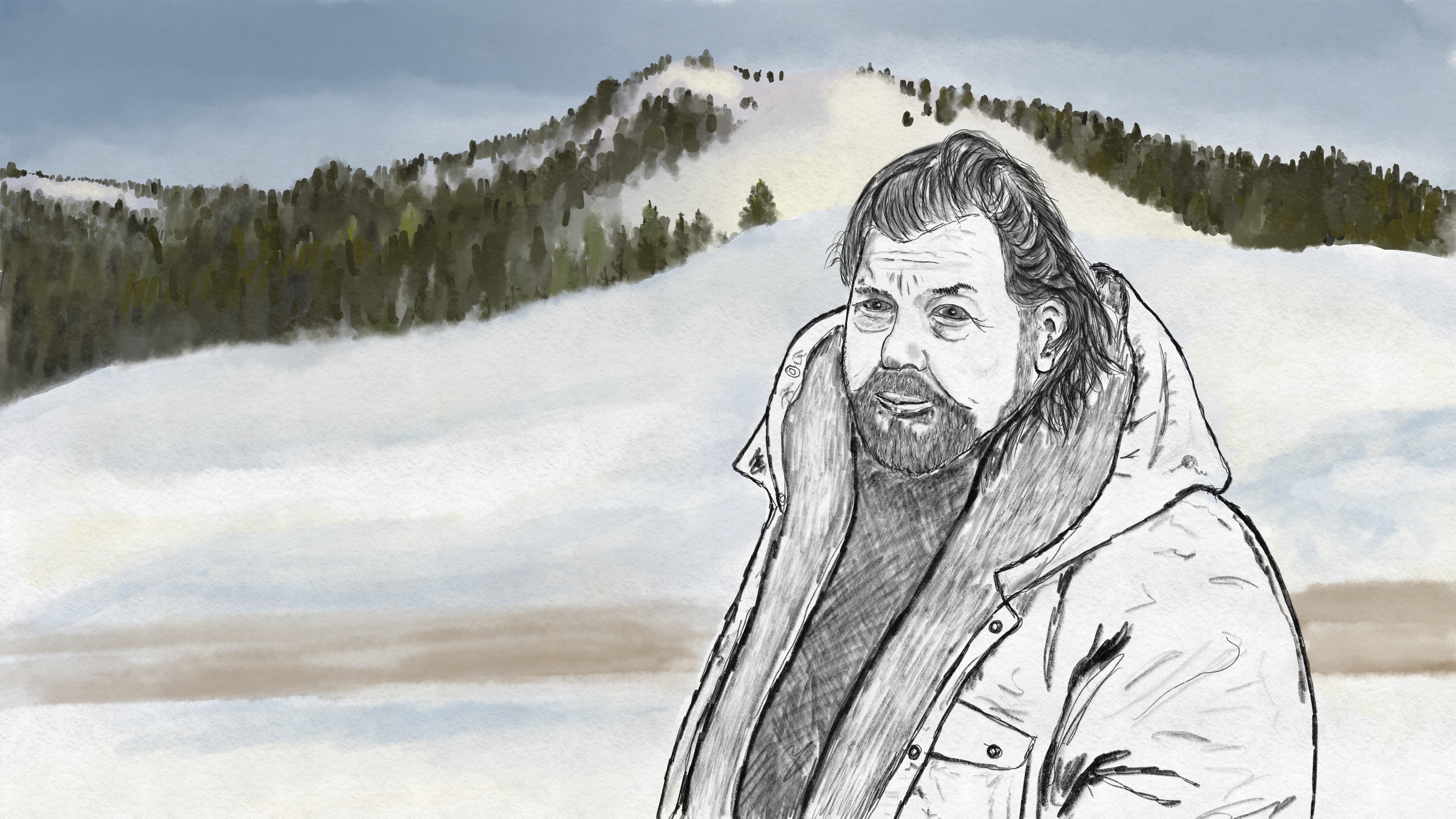 An illustration shows Uncle Adam standing in front of a snow-covered mountain.