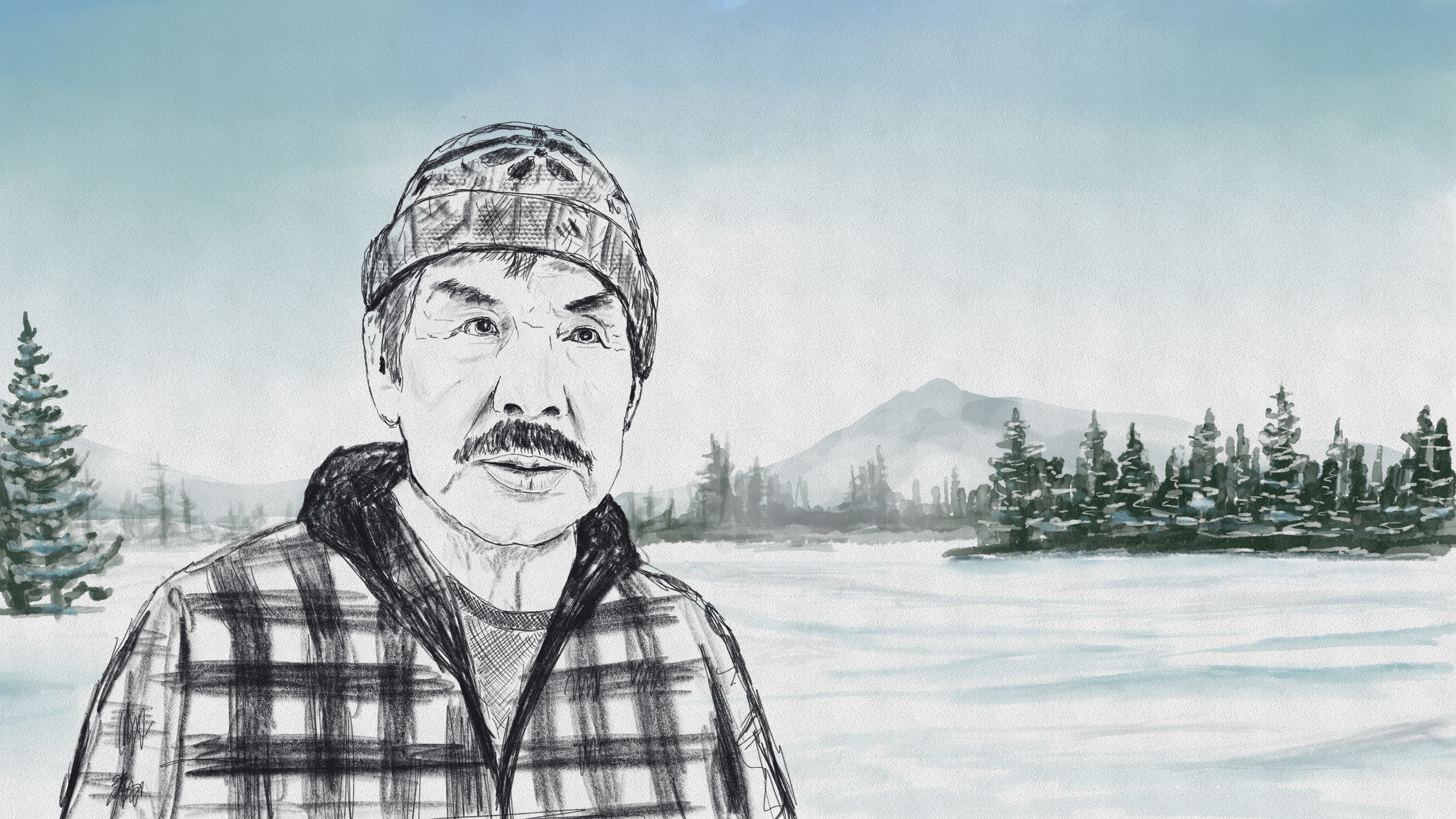An illustration shows Chief Gisday'wa. Snow covers the large open space behind him and there are fir trees and mountains in the distance.