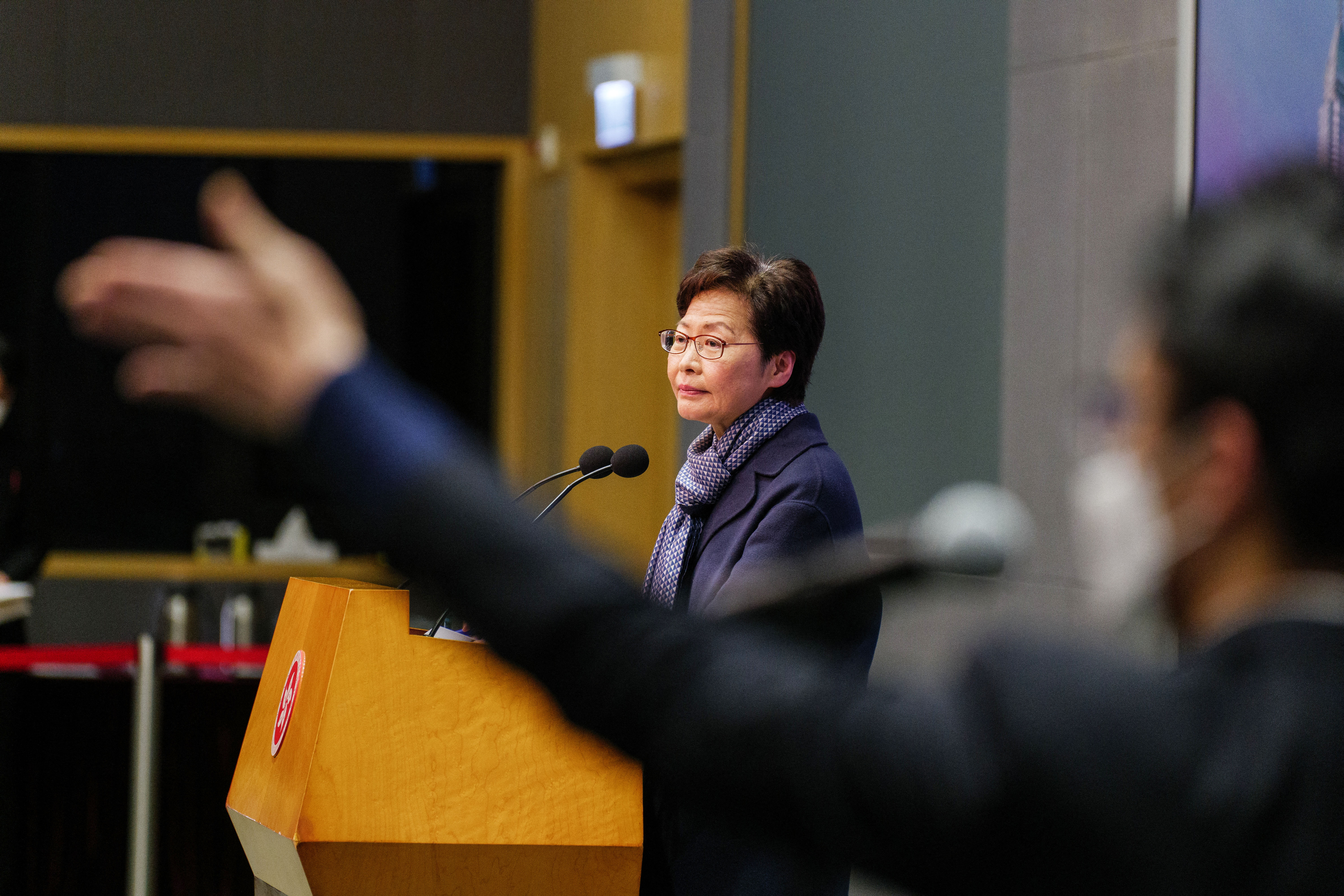 Carrie Lam speaks to the media at government house in Hong Kong