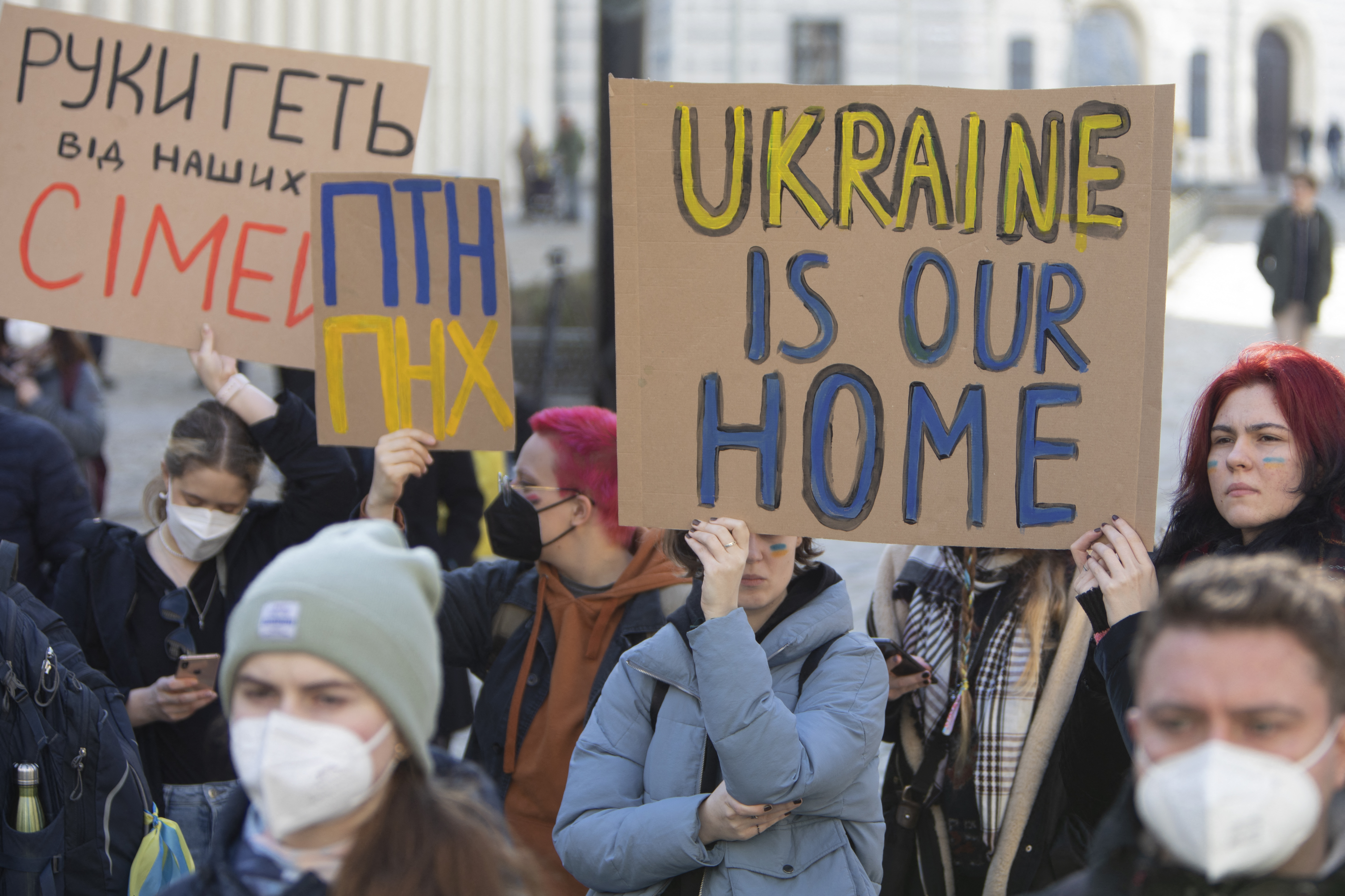 Demonstrators protest in front of the Austrian foreign affairs ministry in Vienna, Austria against Russia's invasion of Ukraine 