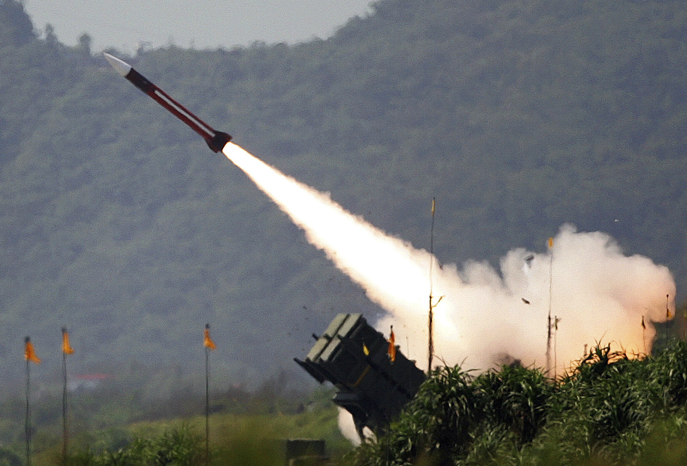 U.S.-made Patriot missile launches into the air in clouds of white smoke during the annual Han Kuang military exercises in Taiwan