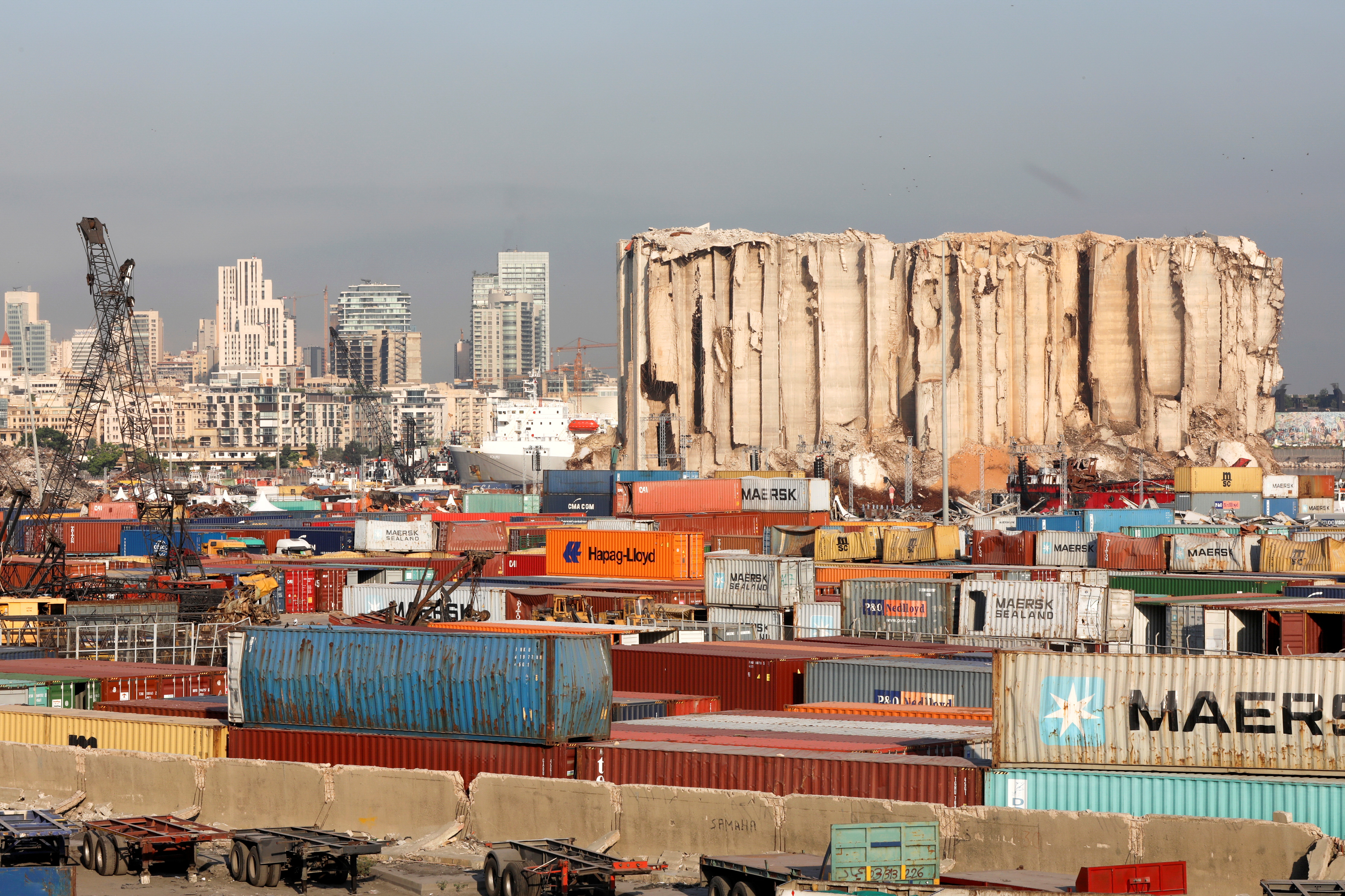 A view of the grain silo that was damaged during the Beirut port blast
