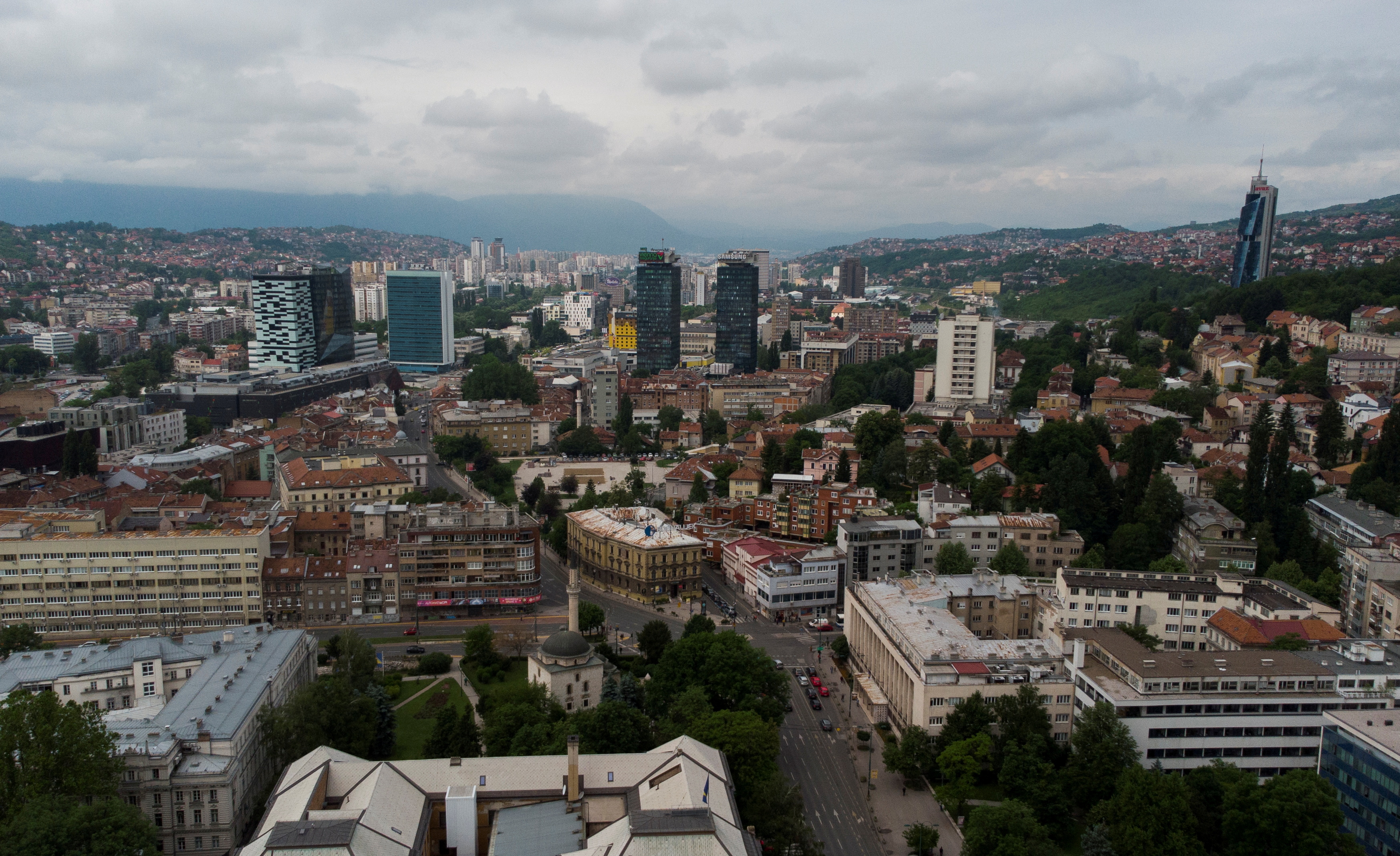 An aerial view is seen of Sarajevo, Bosnia & Herzegovina