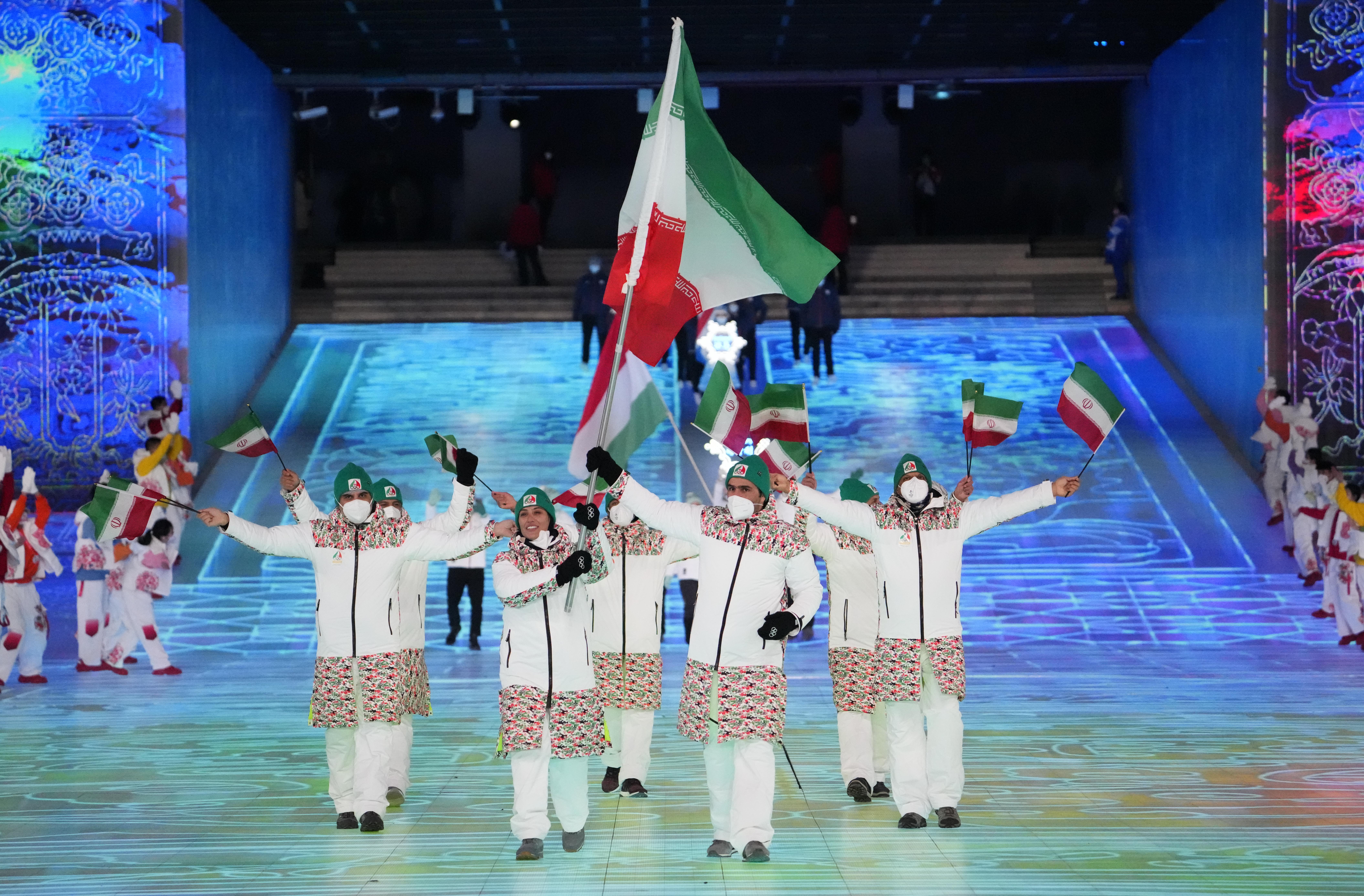 Iran delegation marches into the stadium during the Opening Ceremony of the Beijing 2022 Winter Olympic Games