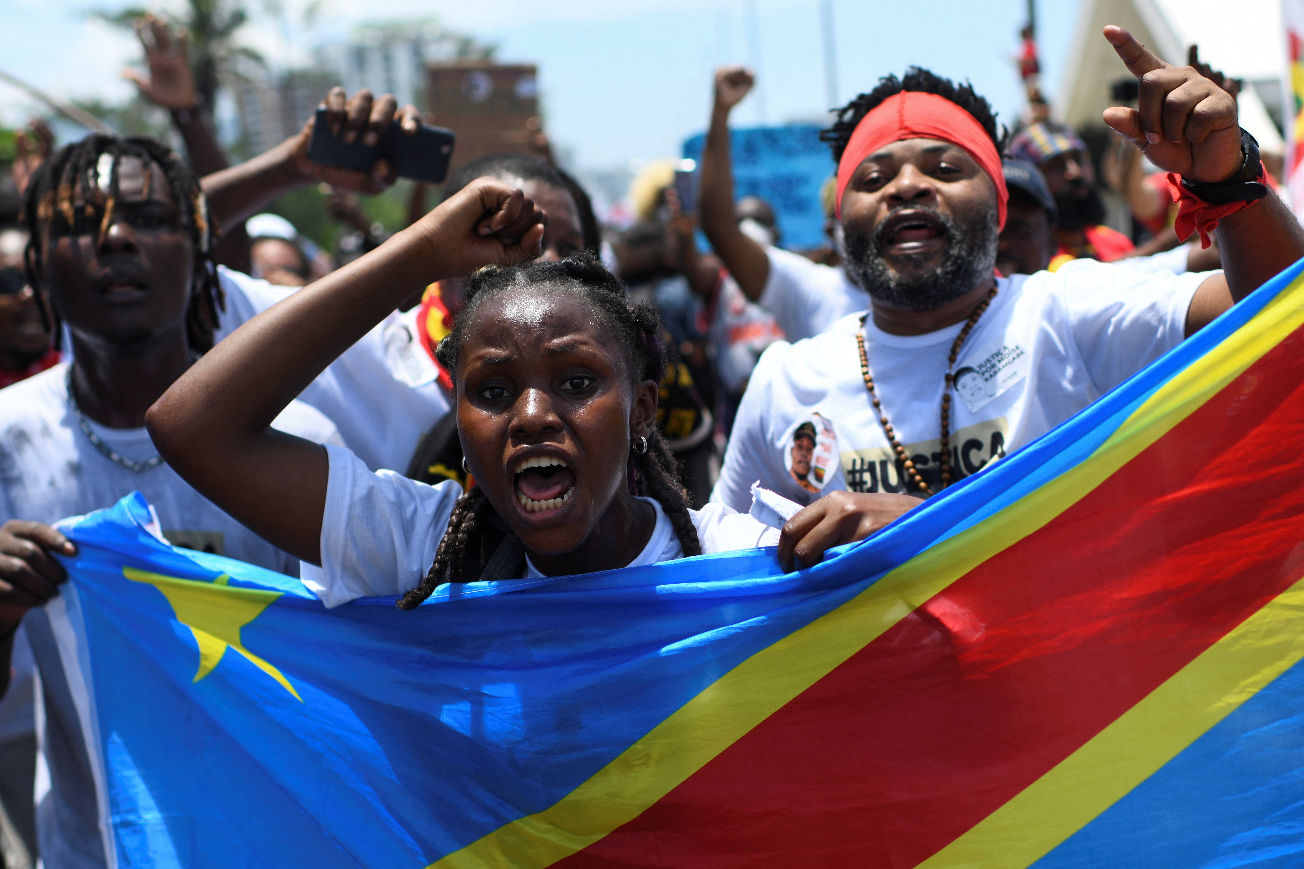 Demonstrators take part in a protest against the death of a Congolese refugee Moise Kabagambe, the victim of a brutal lynching on a beach in Rio de Janeiro, Brazil