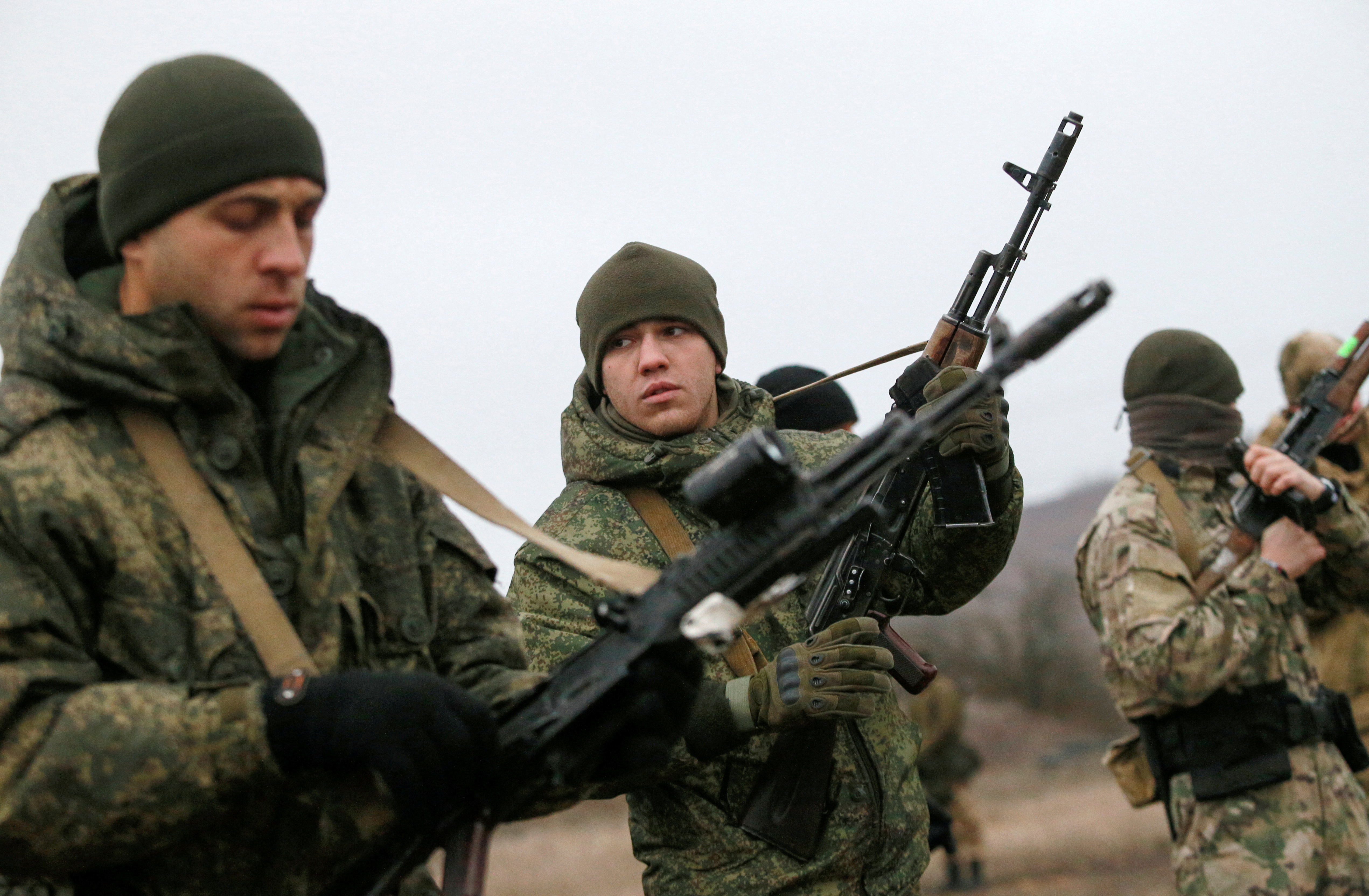 Fighters of the self-proclaimed Donetsk People's Republic take part in shooting drills at a range on the outskirts of Donetsk.