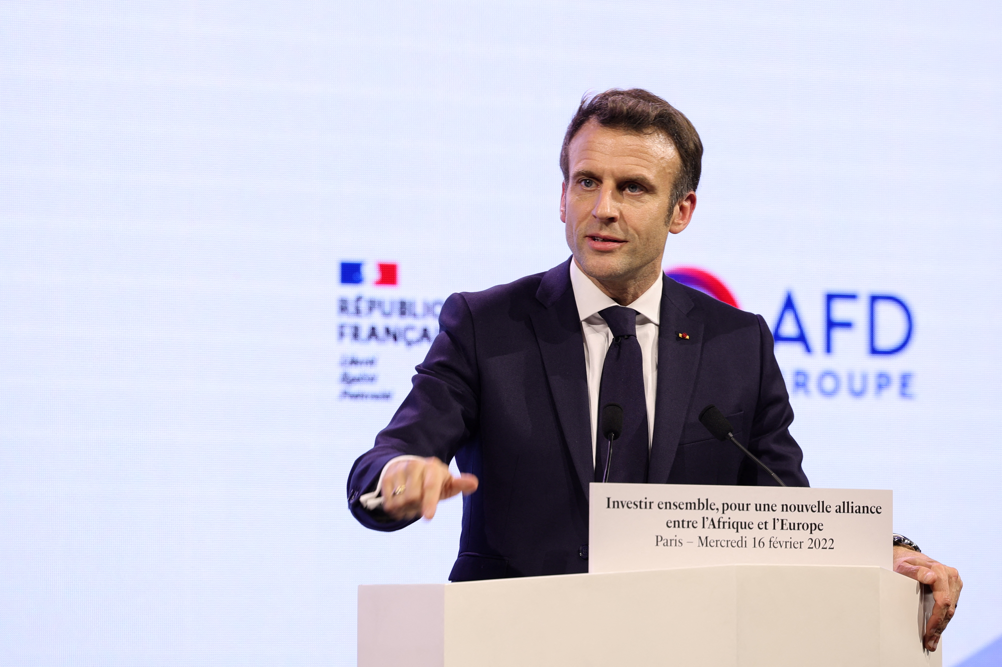 French President Emmanuel Macron delivers a speech