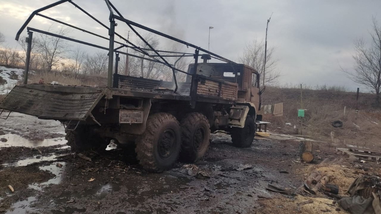 A military truck, which according to Ukraine's officials was destroyed by shelling