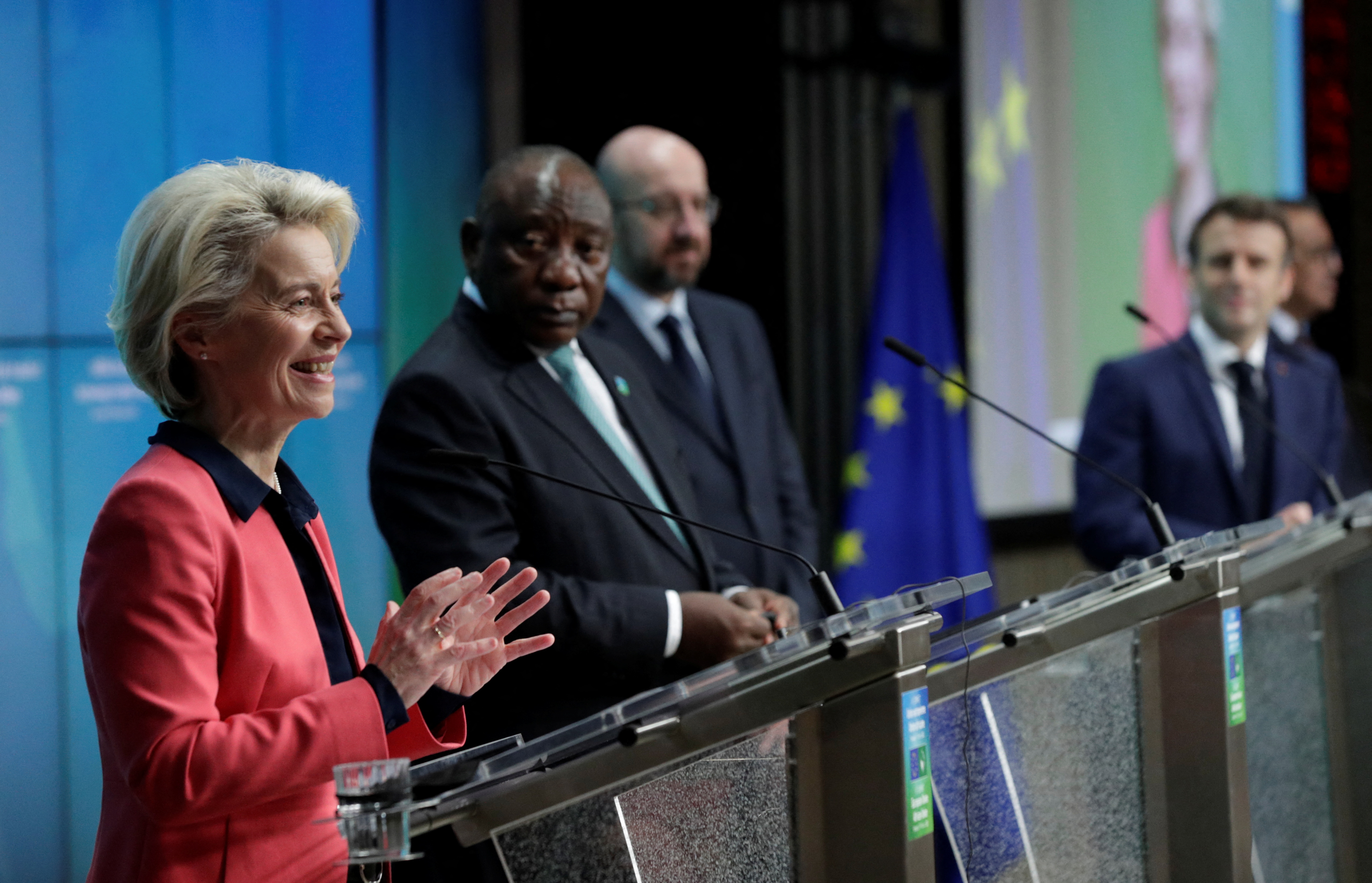 European Commission President Ursula von der Leyen, South Africa's President Cyril Ramaphosa, European Council President Charles Michel, French President Emmanuel Macron and WHO Director-General Tedros Adhanom Ghebreyesus attend the sixth European Union - African Union summit in Brussels, Belgium