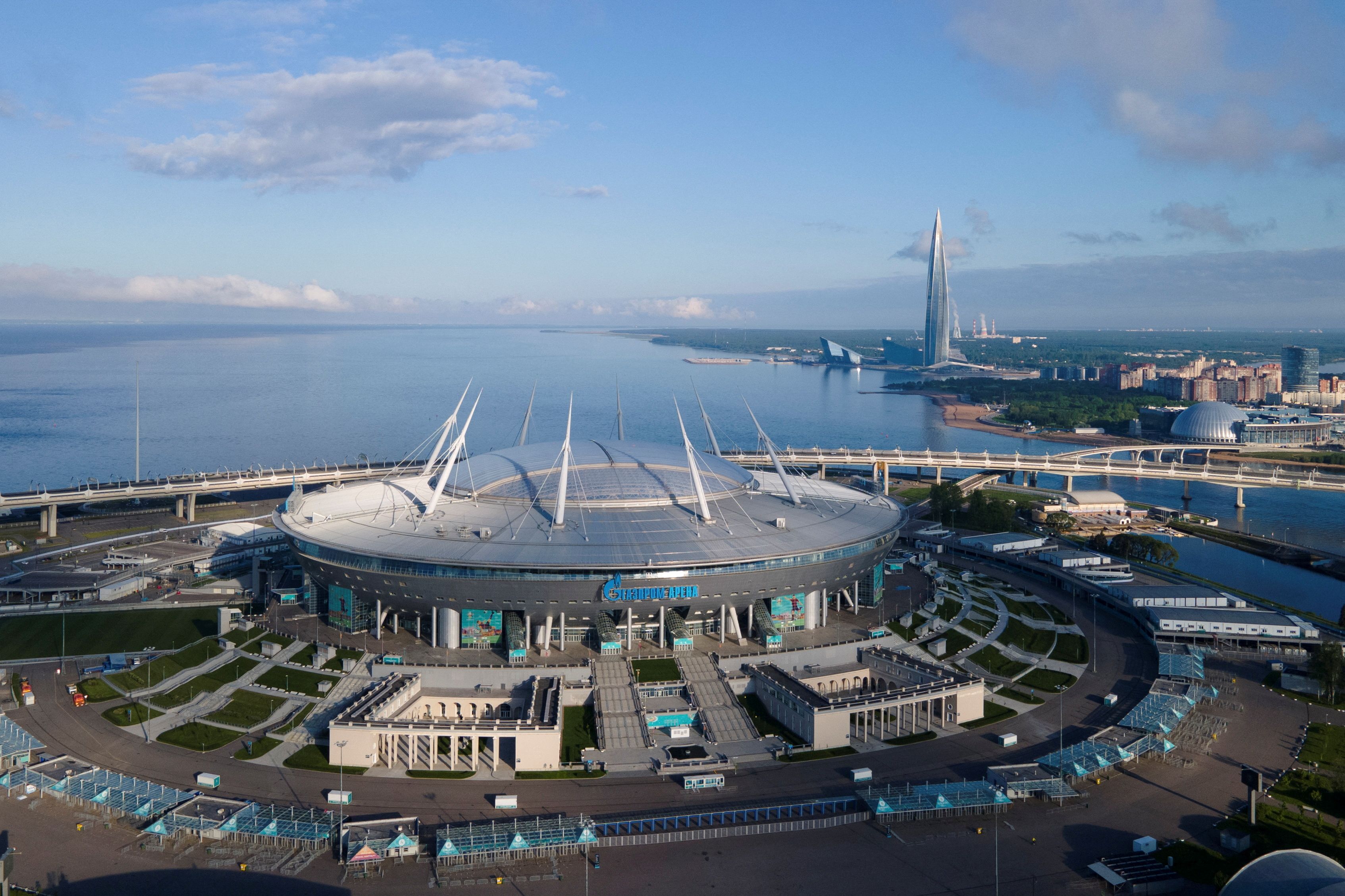 An aerial view shows the Gazprom Arena football stadium in Saint Petersburg