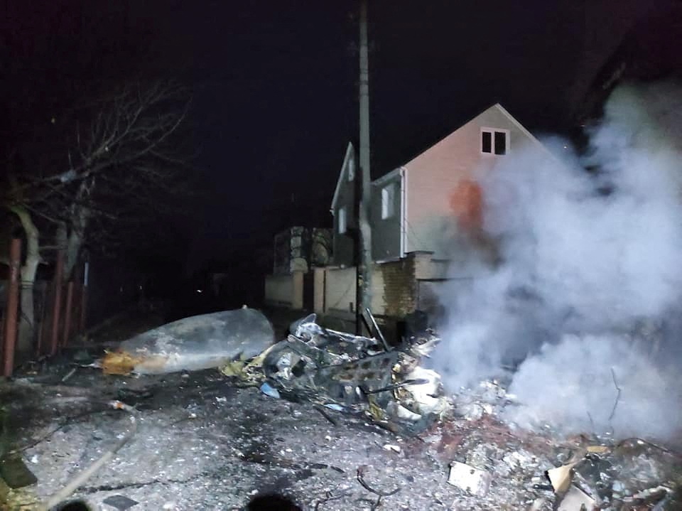 A view shows the wreckage of an unidentified aircraft in a residential area in Kyiv