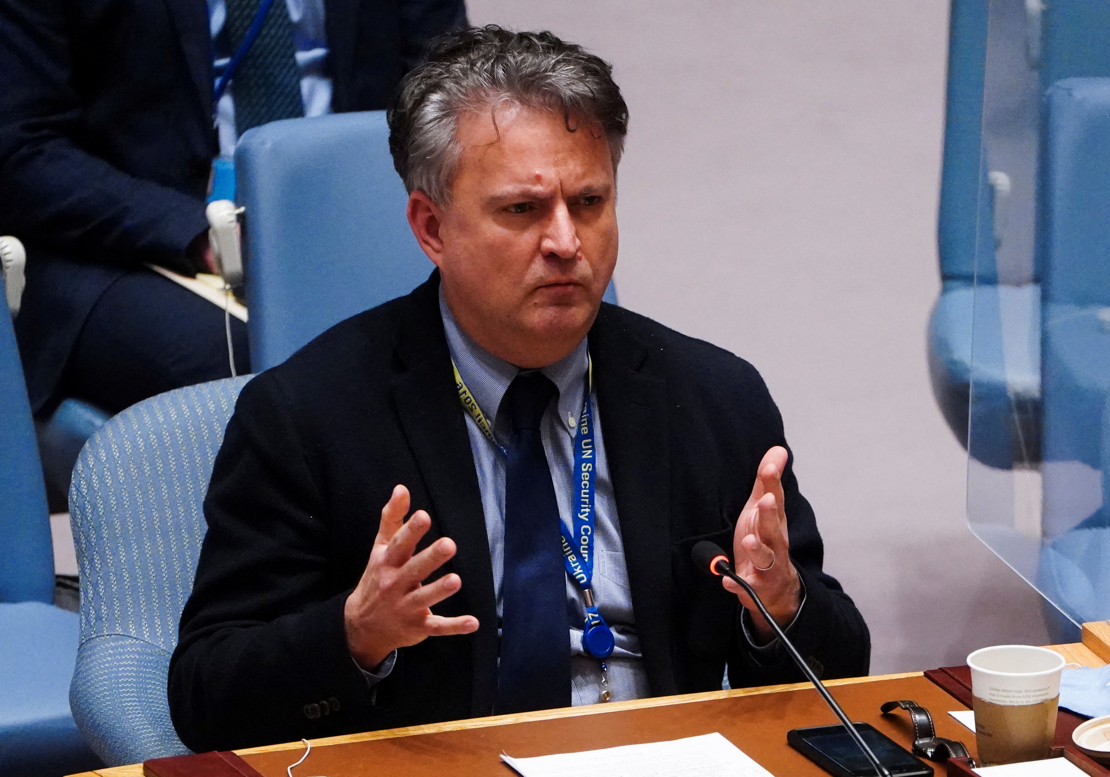Ukrainian Ambassador to the United Nations Sergiy Kyslytsya speaking at UN headquarters in New York.
