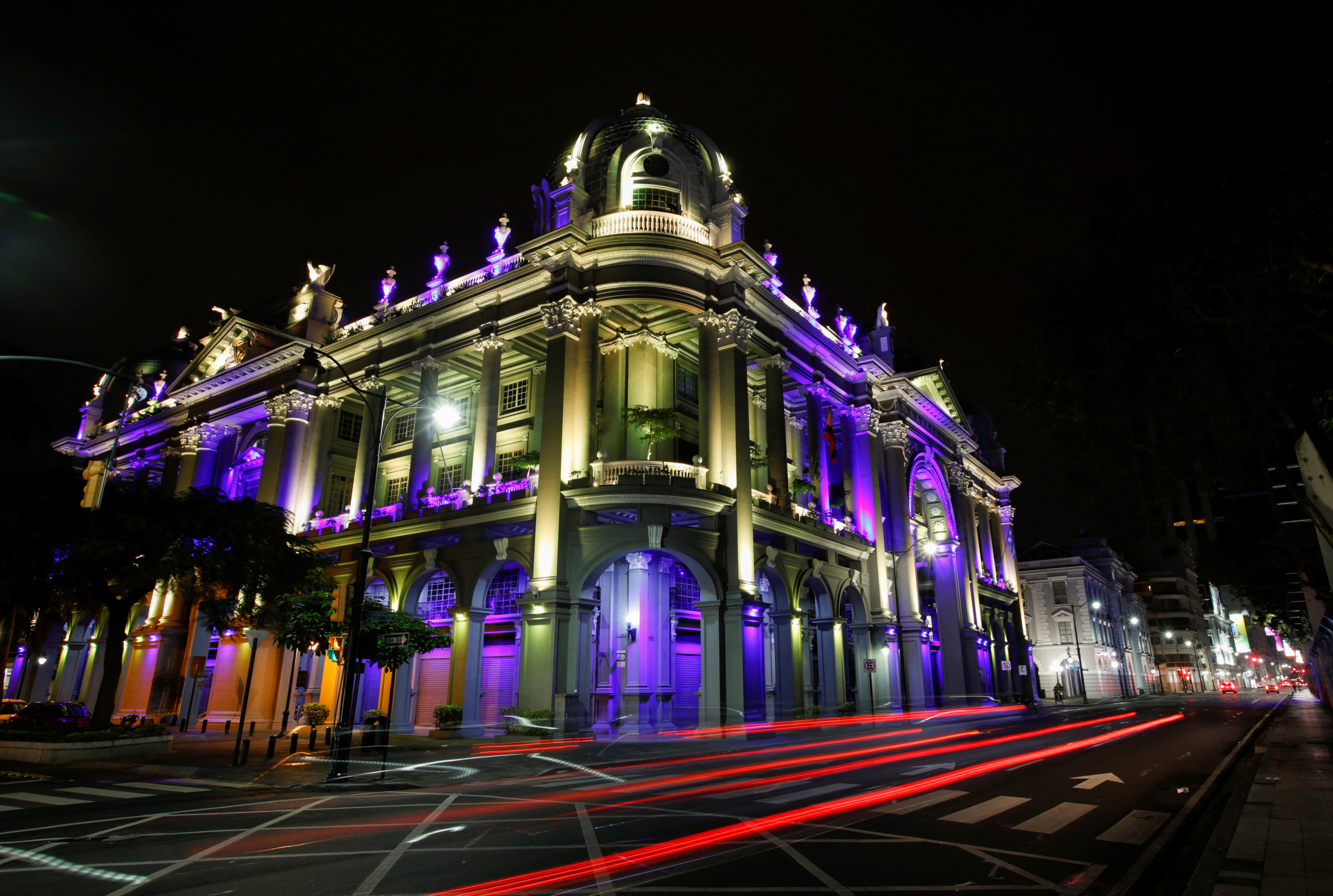 Guayaquil's Municipality is lit in the colours of the Ukrainian flag in support of the country after the Russian invasion in Ukraine, in Guayaquil, Ecuador