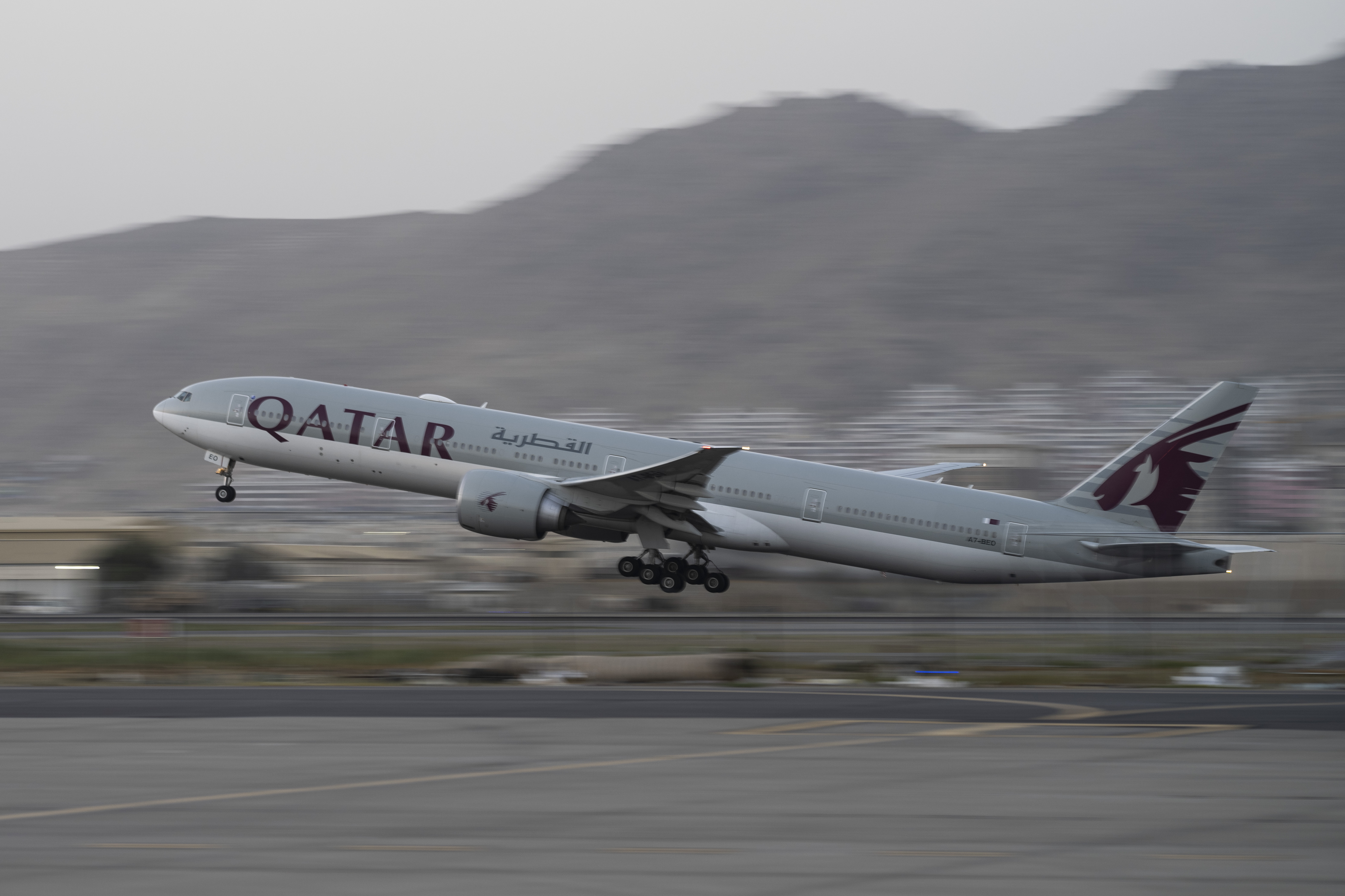 In this picture taken in September 2021, a Qatar Airways aircraft takes off with foreigners from the airport in Kabul