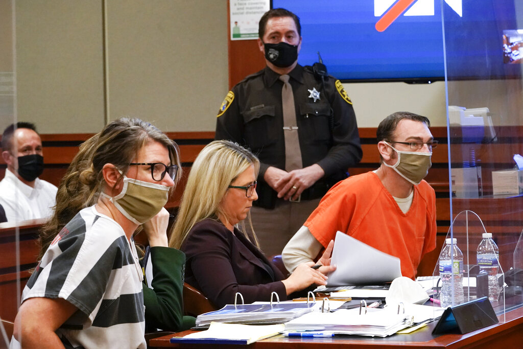 Jennifer Crumbley, left, and James Crumbley, right, the parents of Ethan Crumbley, a teenager accused of killing four students in a shooting at Oxford High School, appear in court for a preliminary examination on involuntary manslaughter charges.