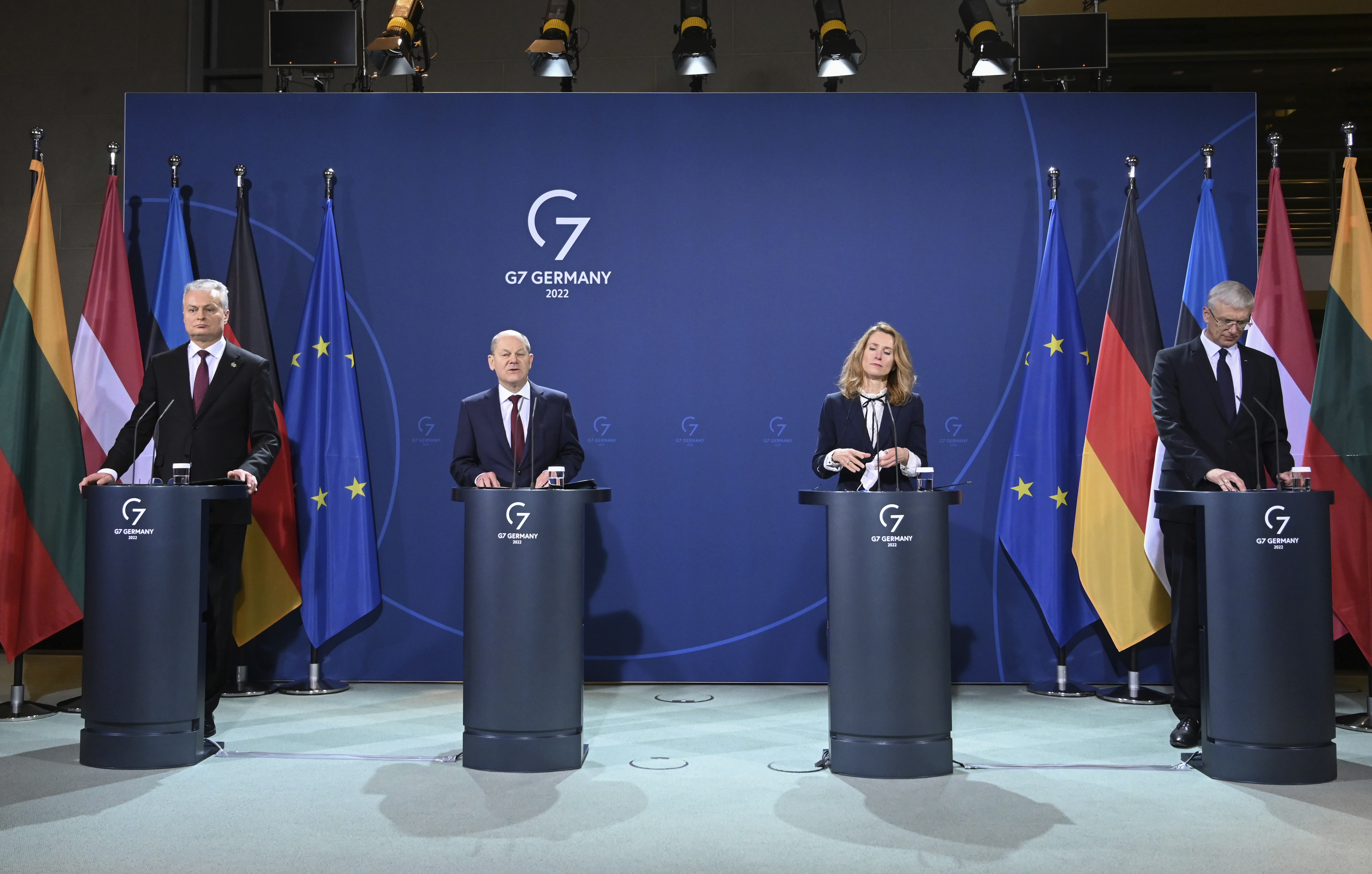 German Chancellor Olaf Scholz, center left, speaks during a press conference with the leaders of the three Baltic states