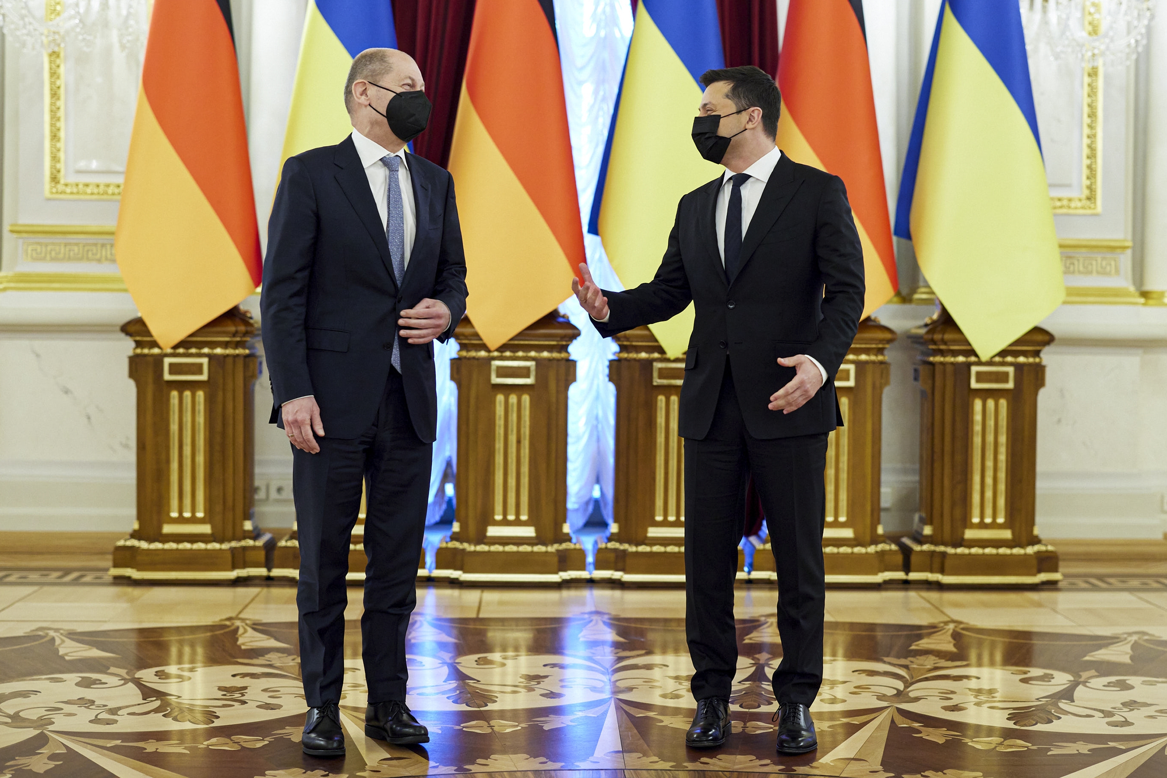 Ukrainian President Volodymyr Zelenskyy and German Chancellor Olaf Scholz are seen meeting in Kyiv