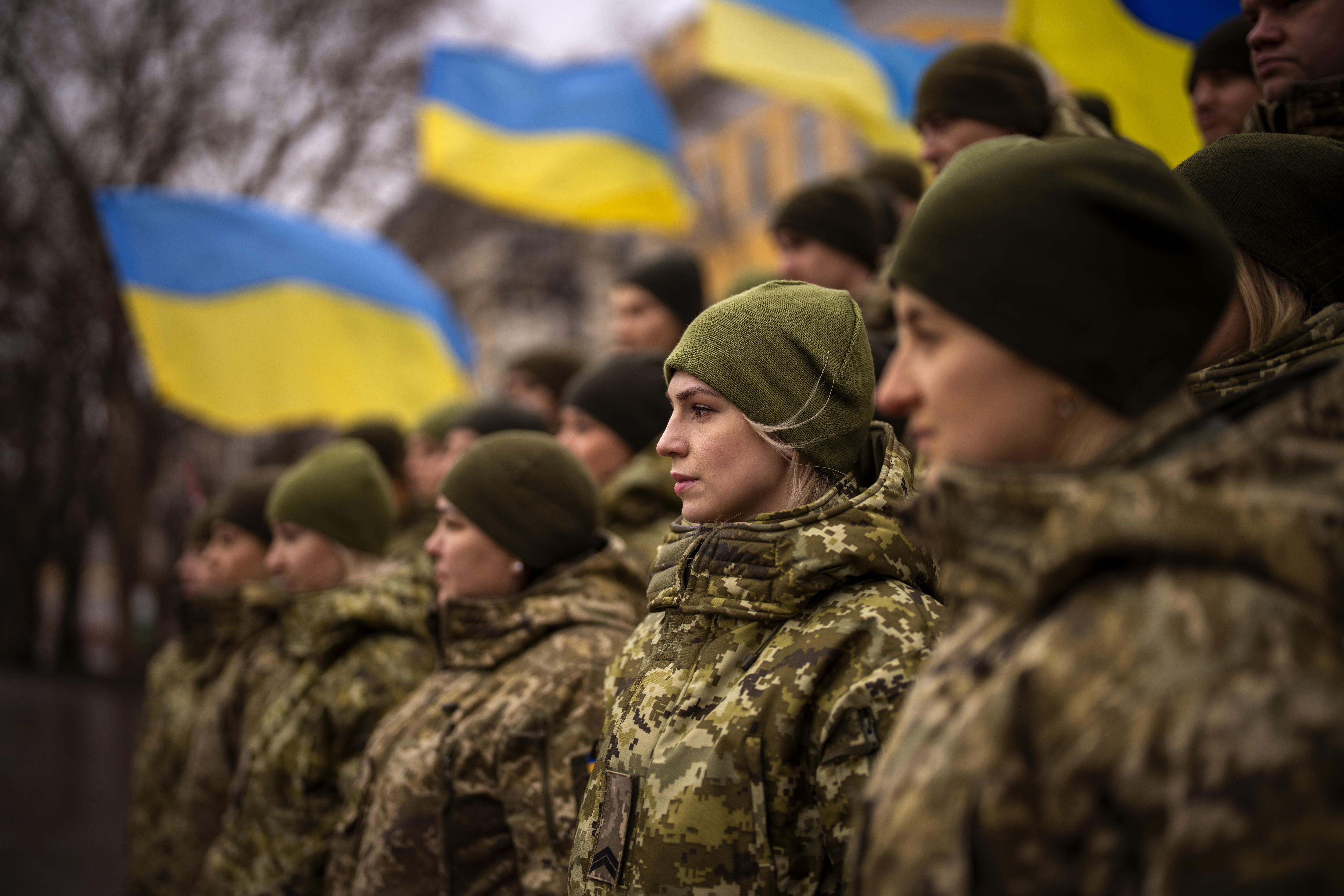 Ukrainian Army soldiers pose for a photo as they gather to celebrate a Day of Unity in Odessa