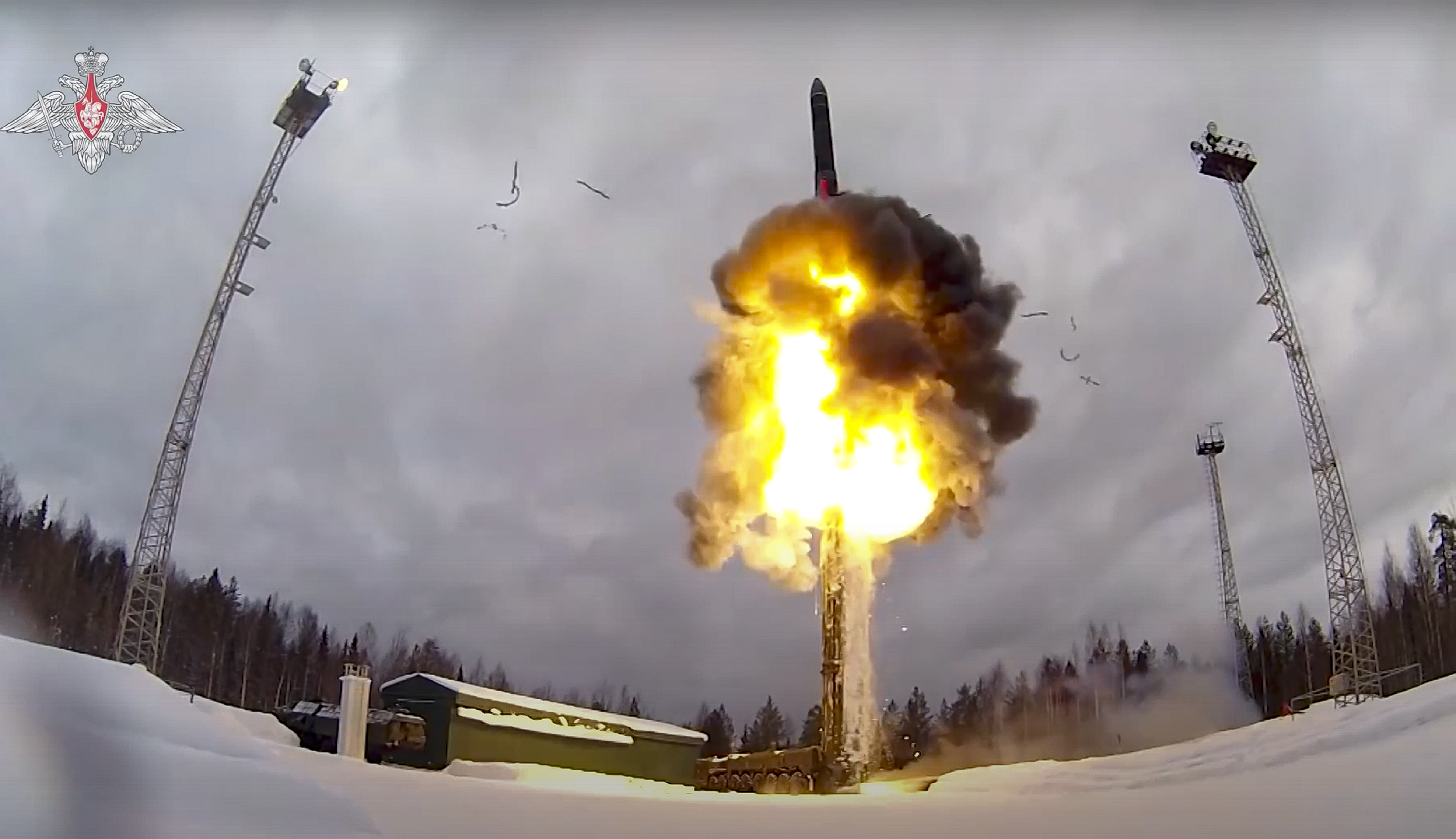 A Yars intercontinental ballistic missile is launched from an air field during military drills.
