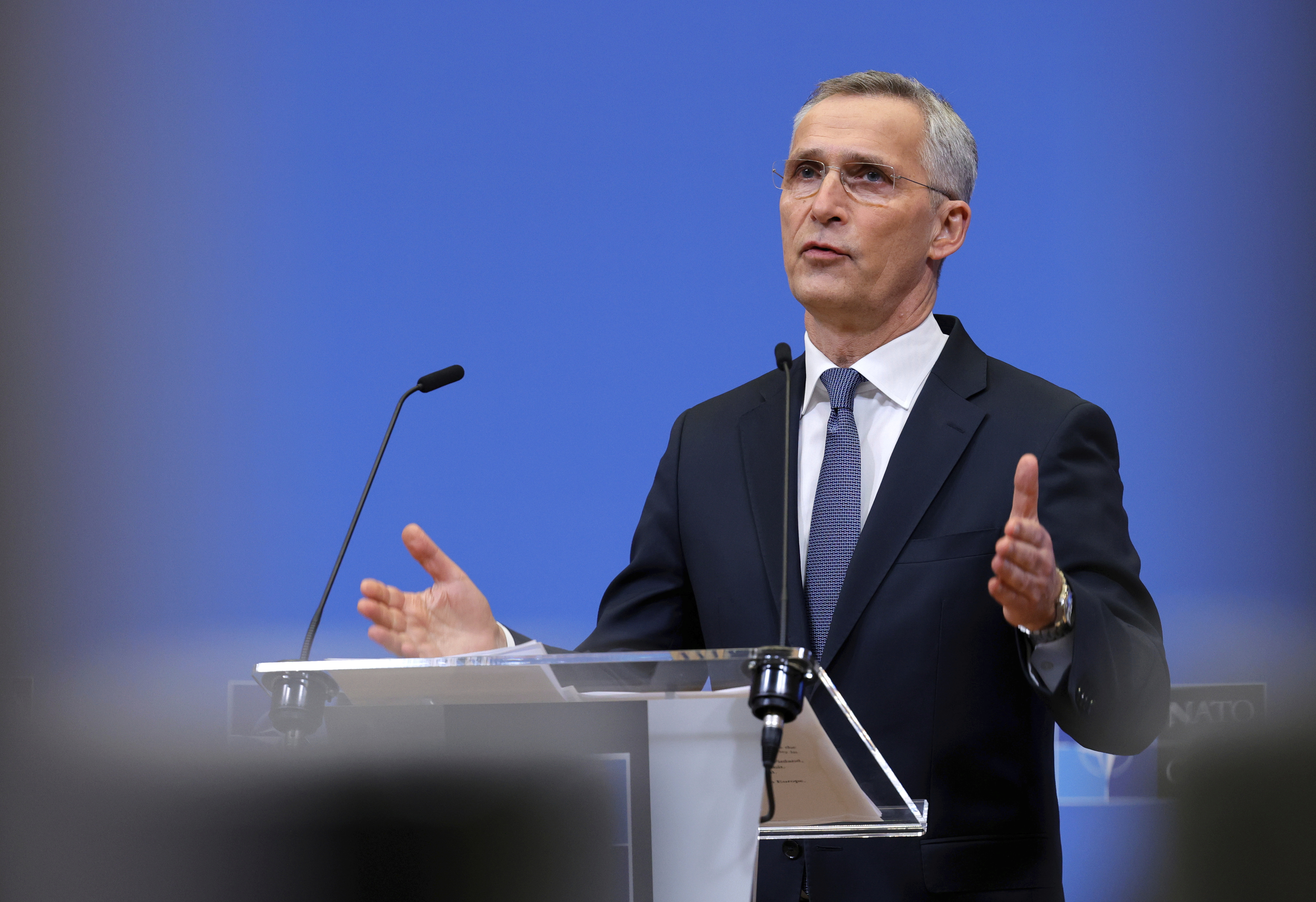 NATO Secretary General Jens Stoltenberg speaks during a media conference