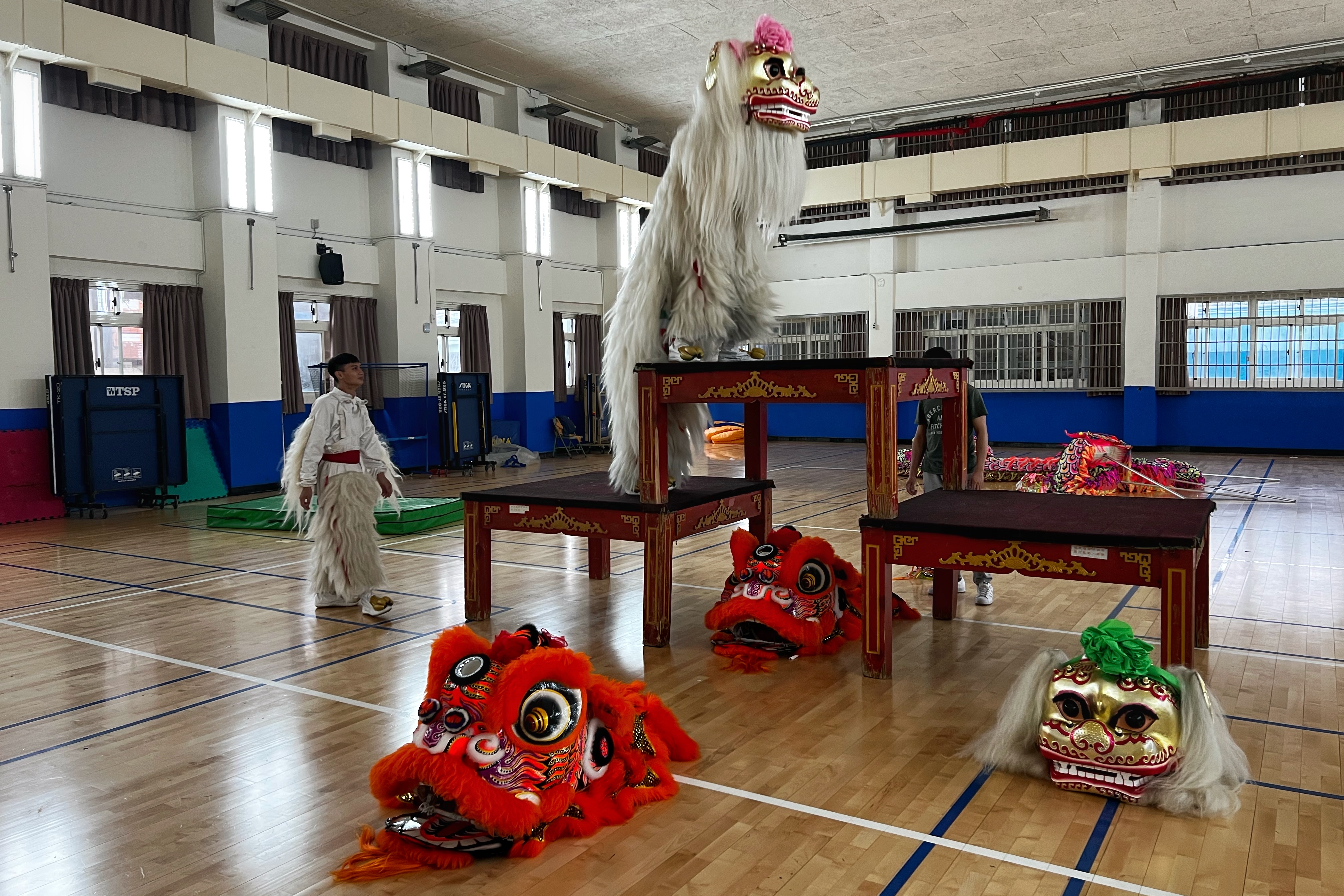 Students practise the Beijing style lion danc on a series of three platforms - two on the floor and one placed across the other two