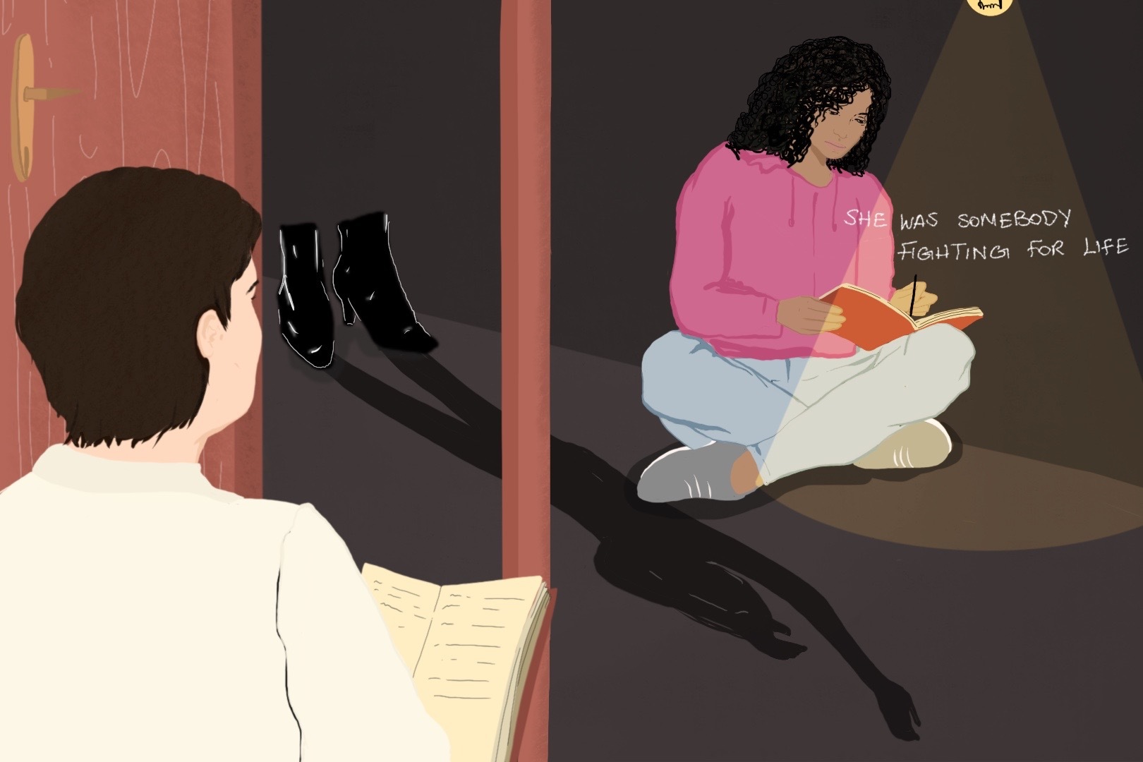 An illustration depicts a woman with short hair to the left reading a book and a Black woman with curly hair writing in a journal