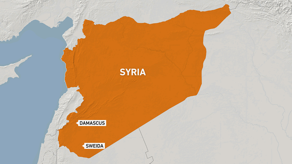 Map of Sweida and Damascus in Syria