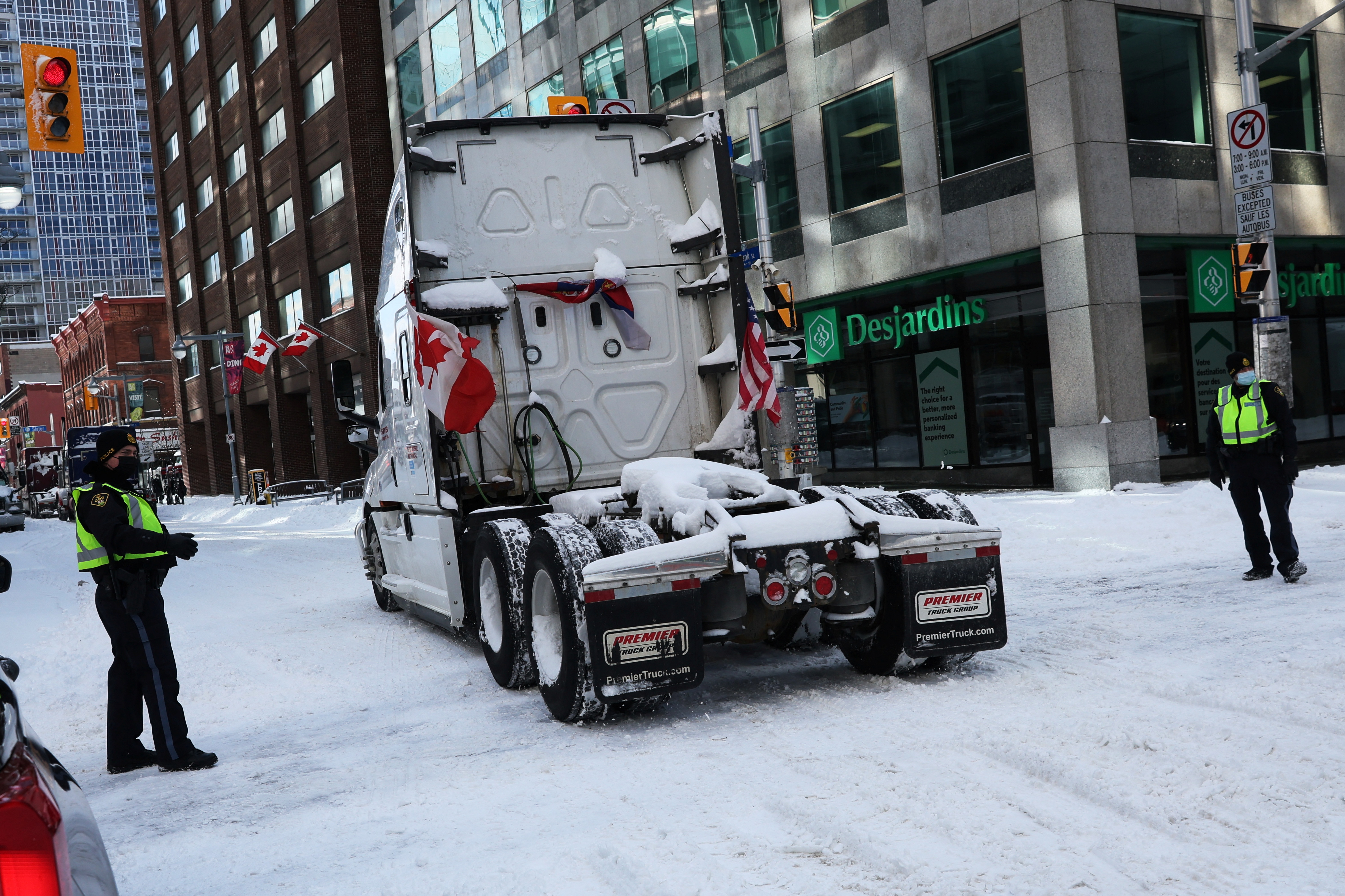 A truck leaves Parliament Hill in Ottawa, Canada