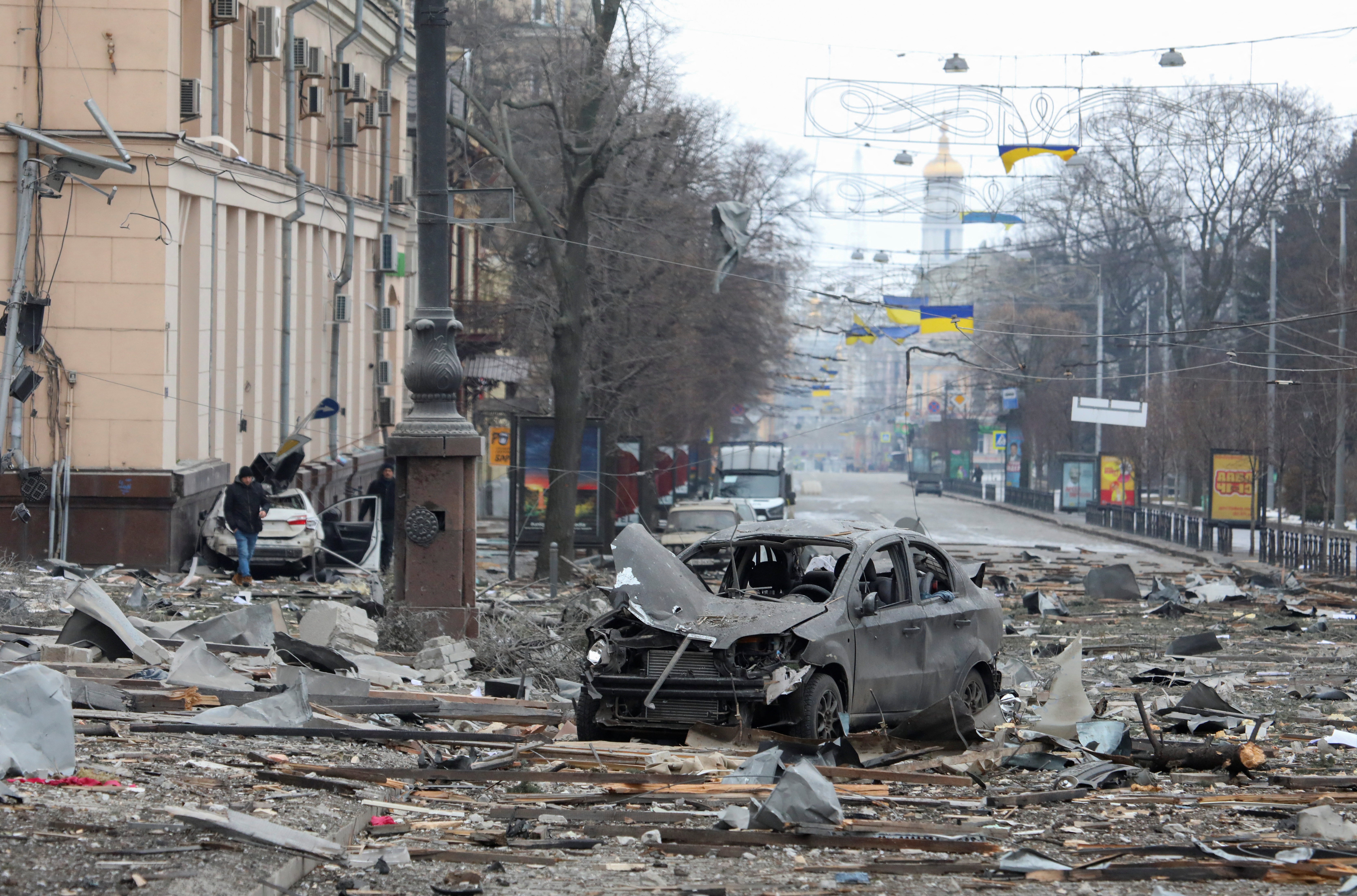 A view shows the area near the regional administration building, which city officials said was hit by a missile attack, in central Kharkiv,