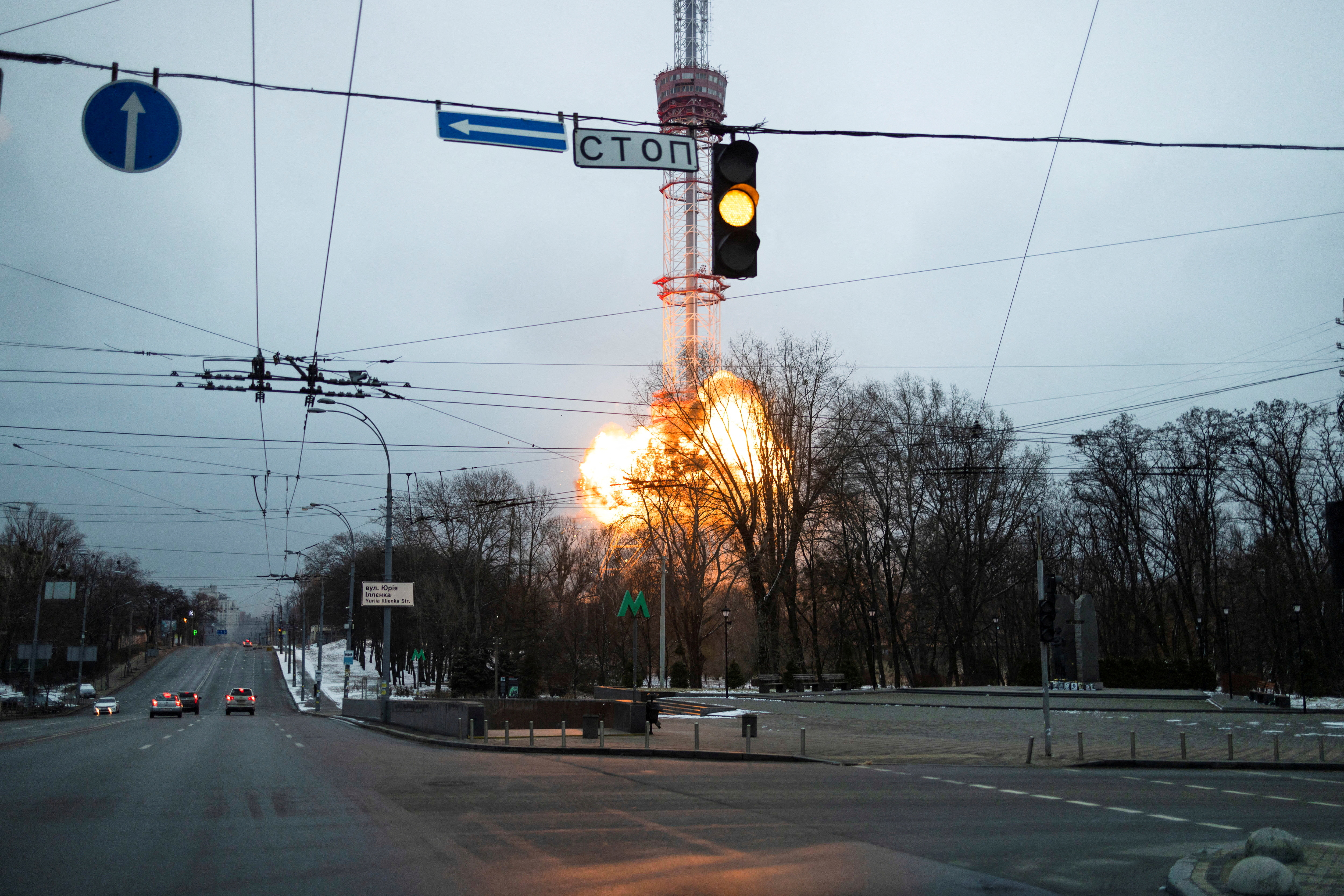 A blast is seen in the TV tower, amid Russia's invasion of Ukraine, in Kyiv, Ukraine