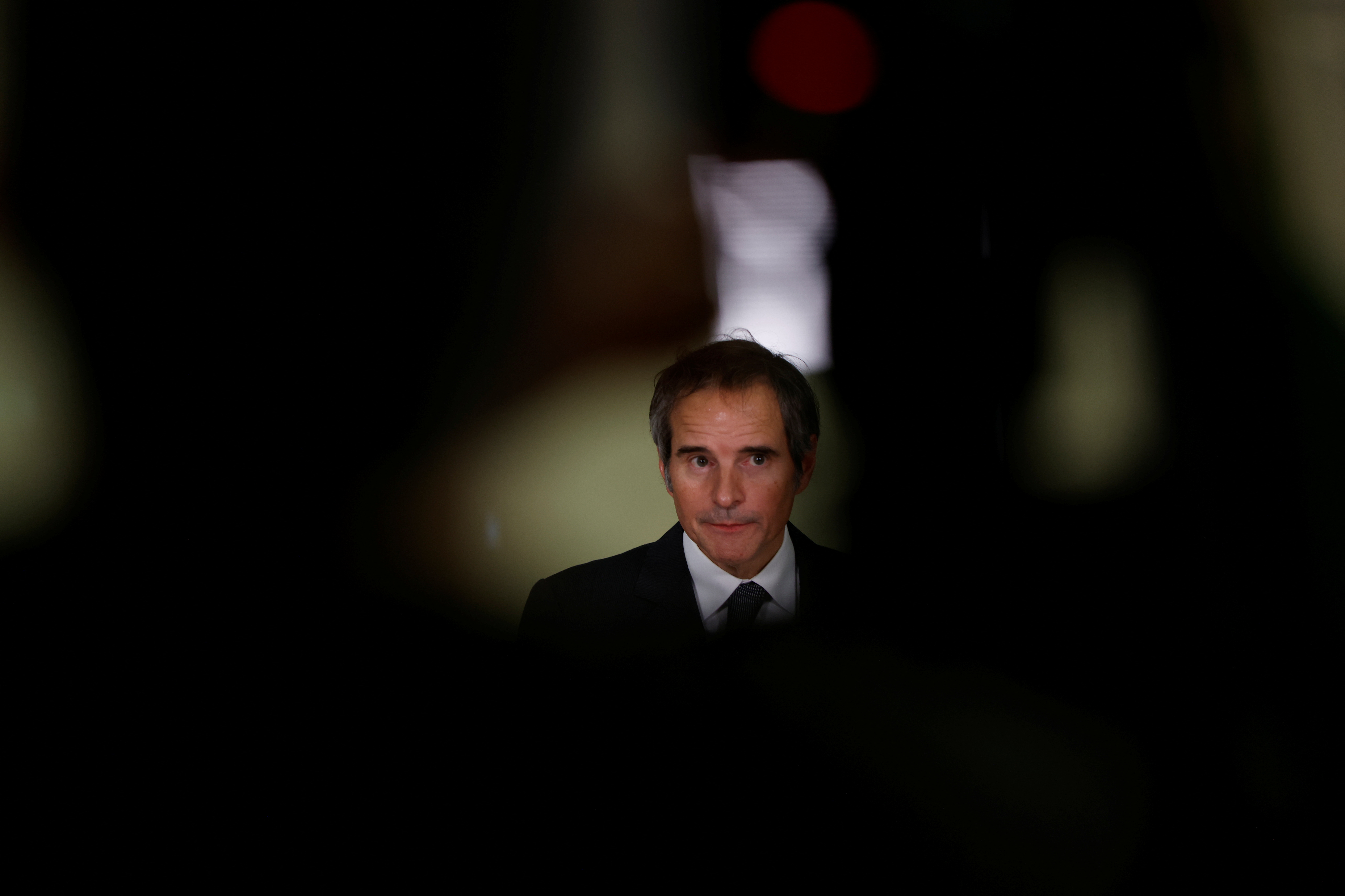 International Atomic Energy Agency (IAEA) Director General Rafael Grossi attends a news conference upon his arrival from Iran at Vienna International Airport in Schwechat,