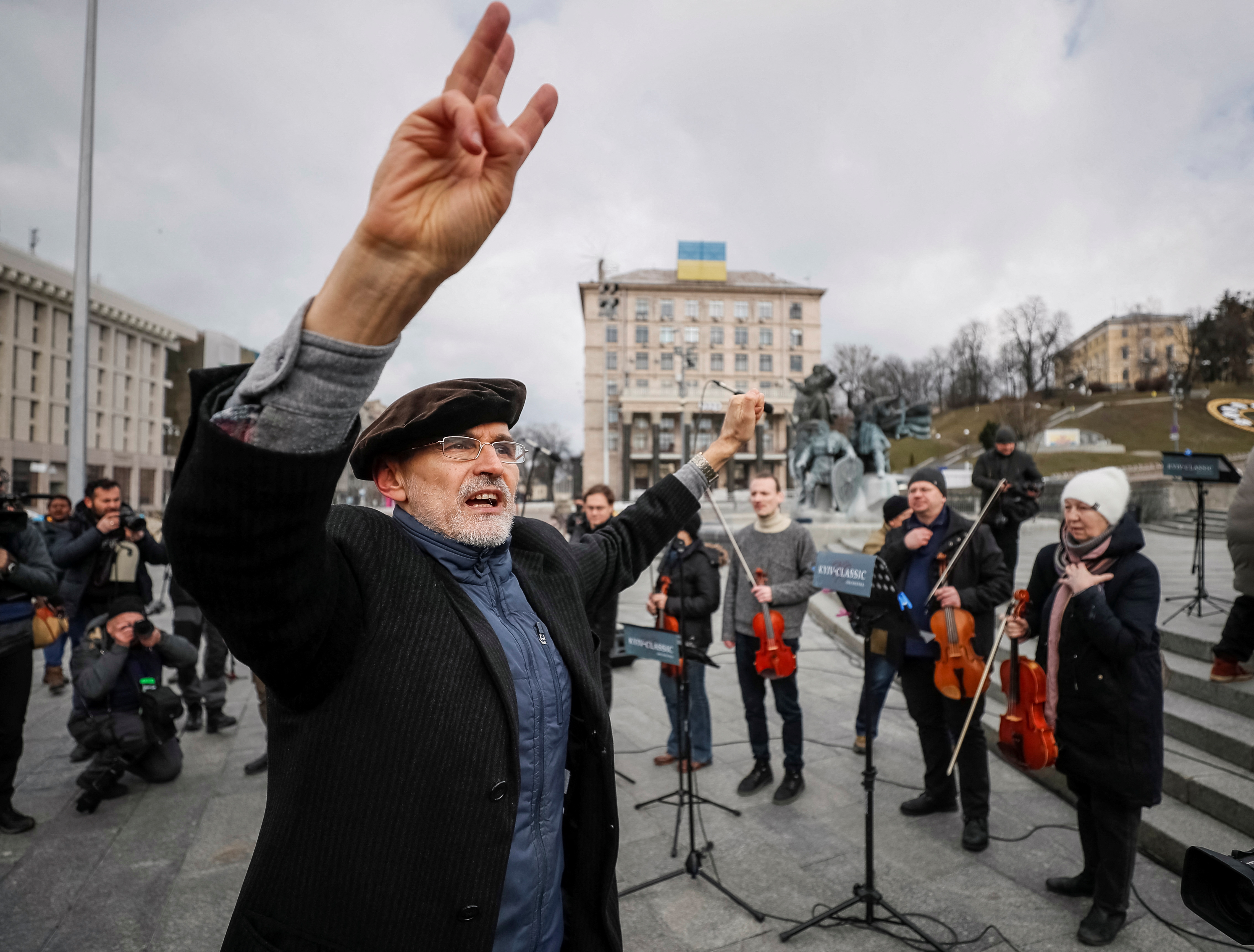 Conductor Herman Makarenko performs during an open-air concert named "Free Sky"